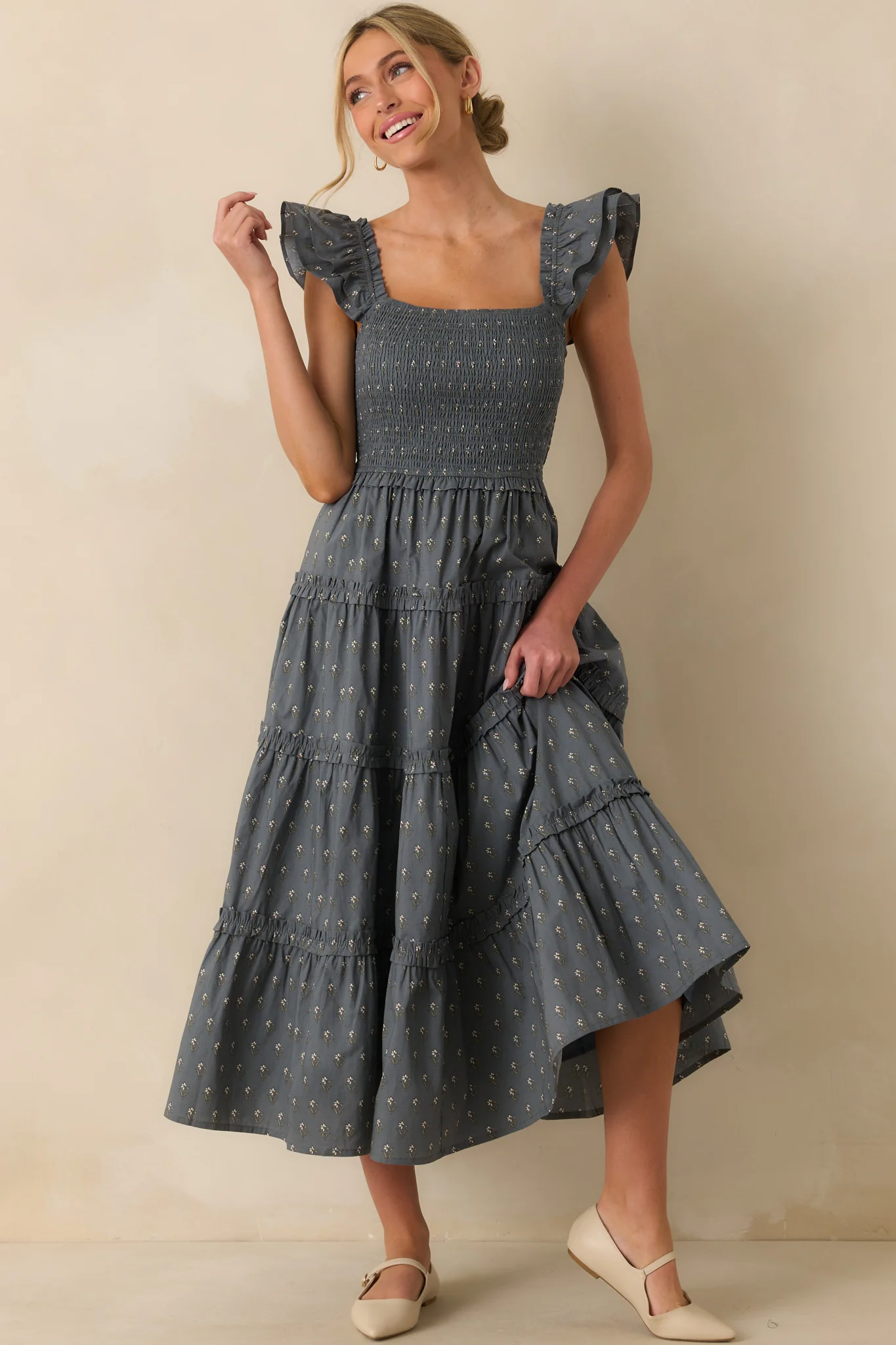 Wildflower Wish Slate Blue Multi Floral Print Cotton Midi Dress