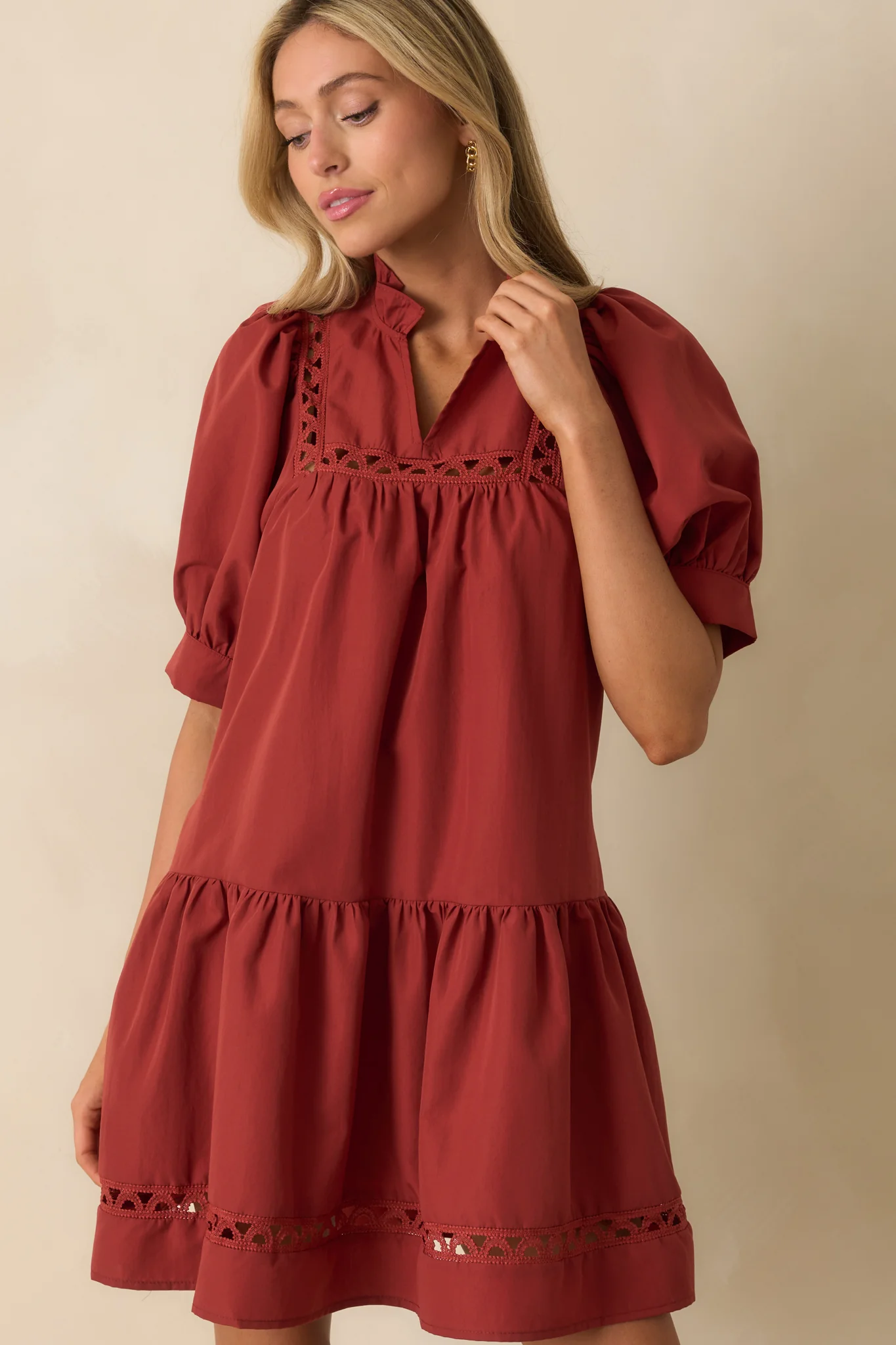 Feels Just Right Brick Red Puff Sleeve Embroidered Eyelet Mini Dress