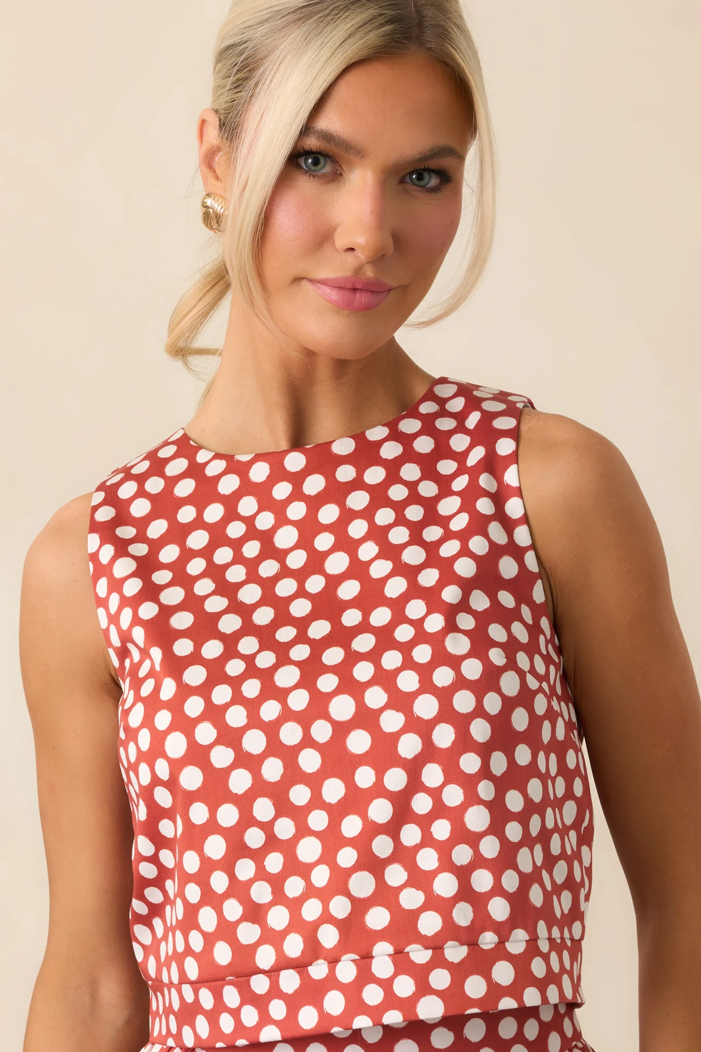 Prosperina Simone Brick Red Polka Dot Cotton Top