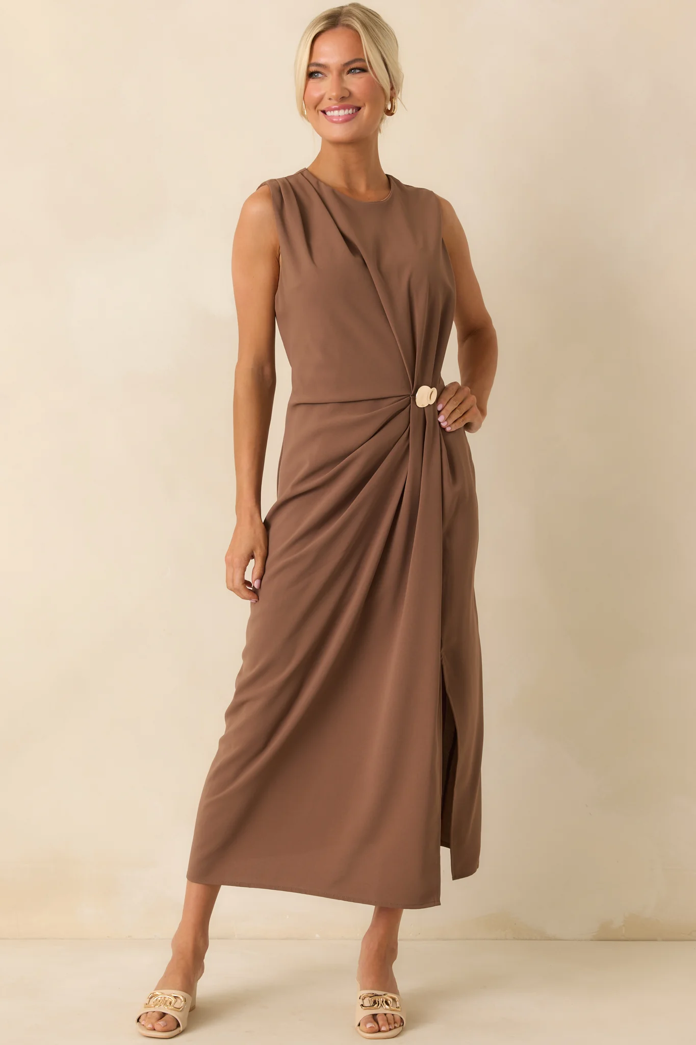 Move With Purpose Light Brown Ruched Maxi Dress