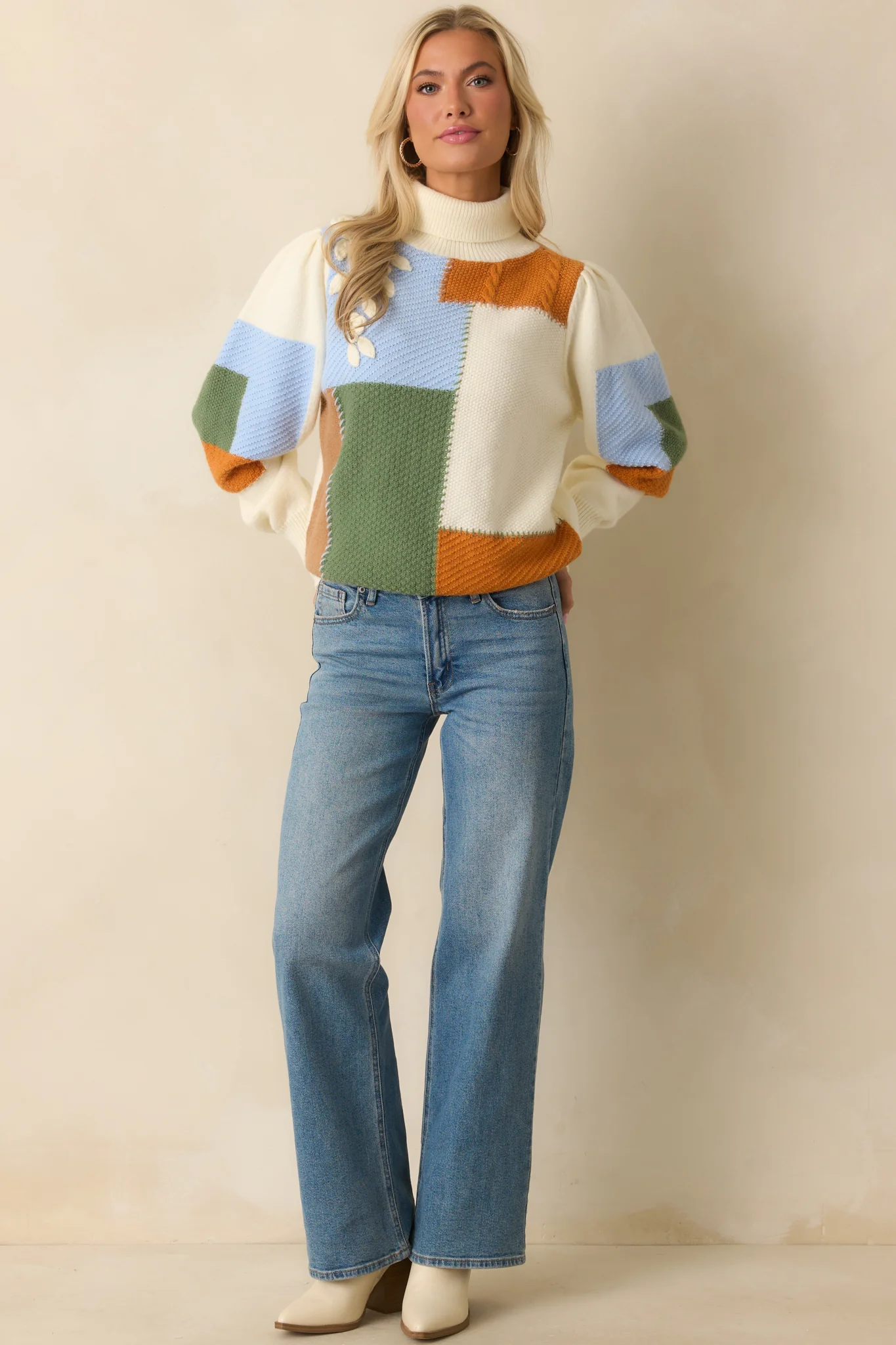 Ivory Multi Patchwork Turtleneck Sweater