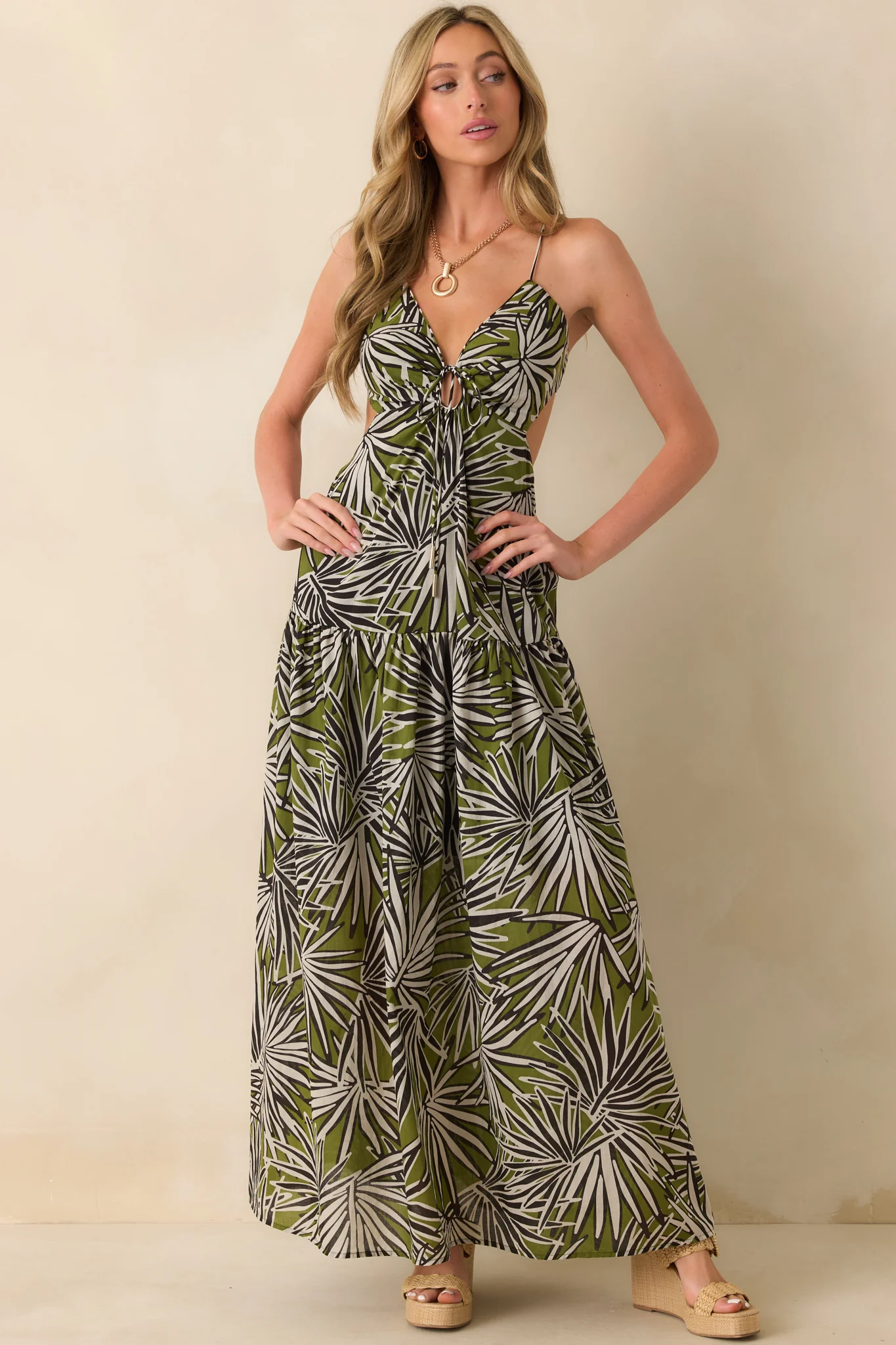 Not In A Hurry Olive Green Tropical Print Cotton Cutout Maxi Dress