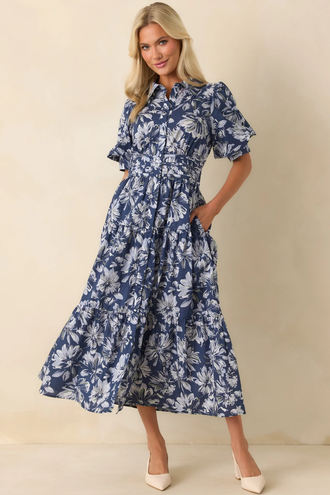 Slow Sundays Navy Floral Print Cotton Maxi Shirt Dress
