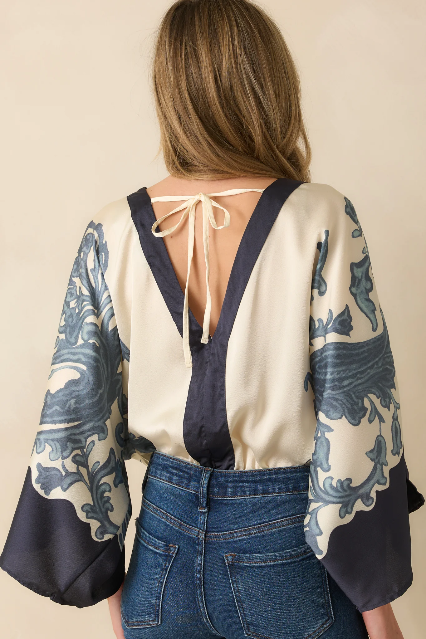 Navy Multi-Print Contrast Trim Kimono Sleeve Bodysuit