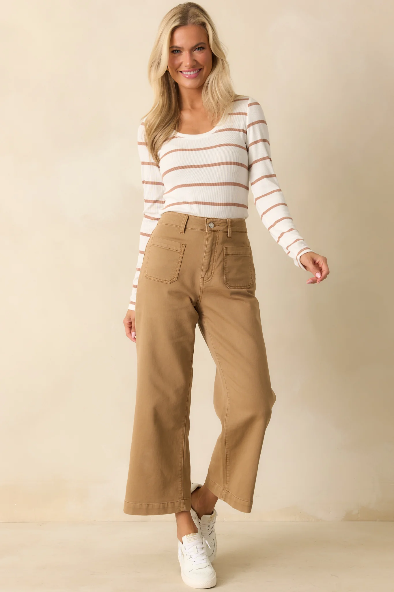 Always In Rotation Caramel Brown Stripe Long Sleeve Top