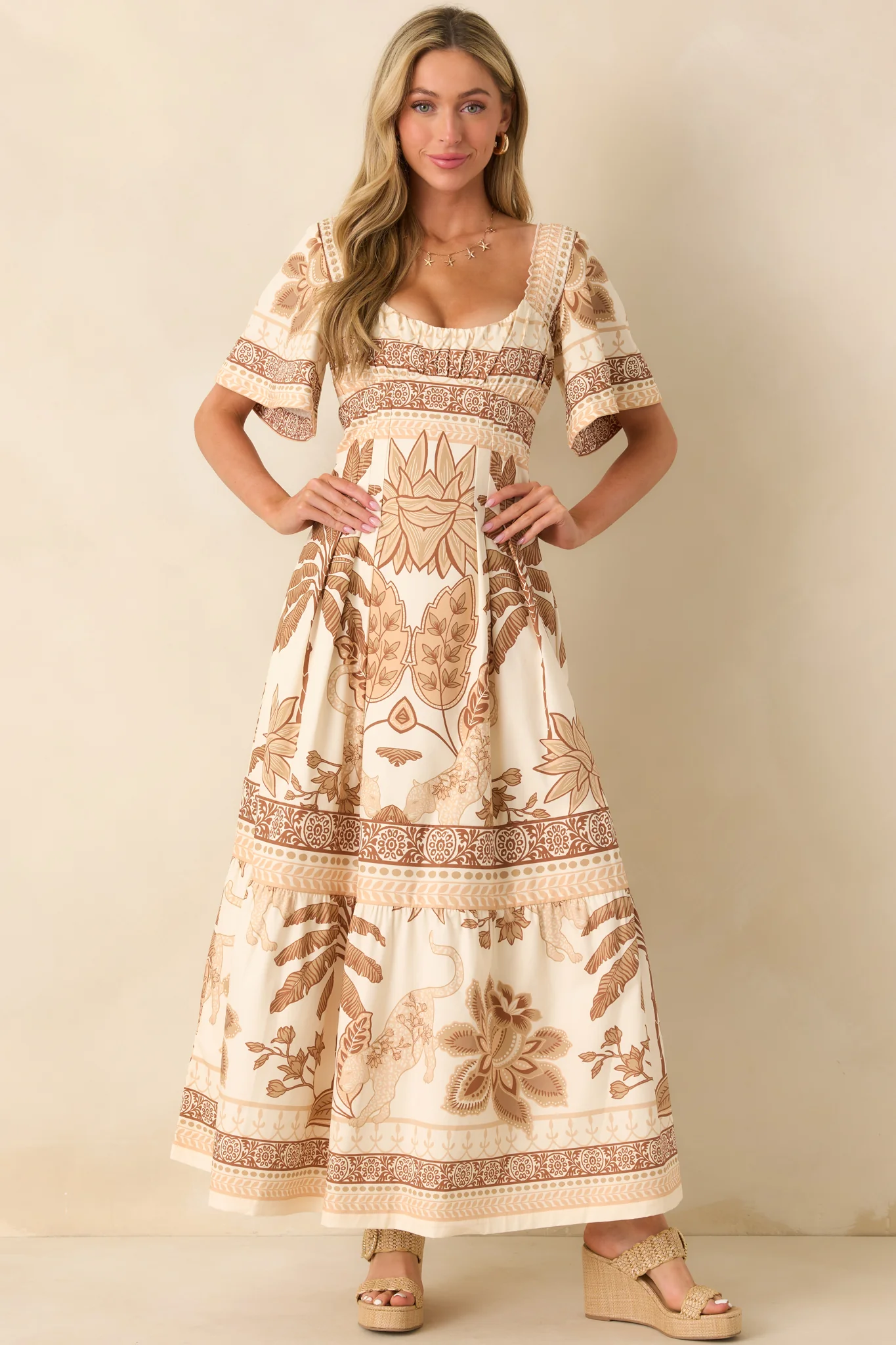 Aylaya Beige Multi Print Cotton Lisbon Maxi Dress