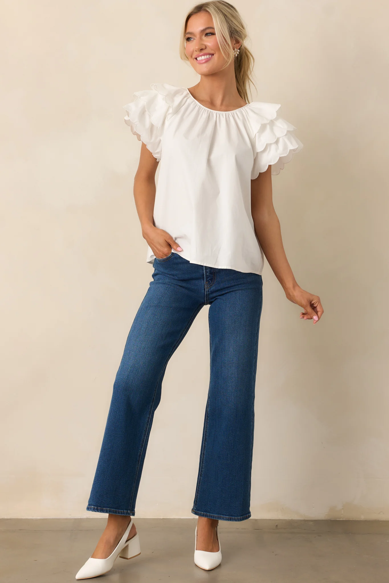 Bianca White Cotton Embroidered Scallop Top
