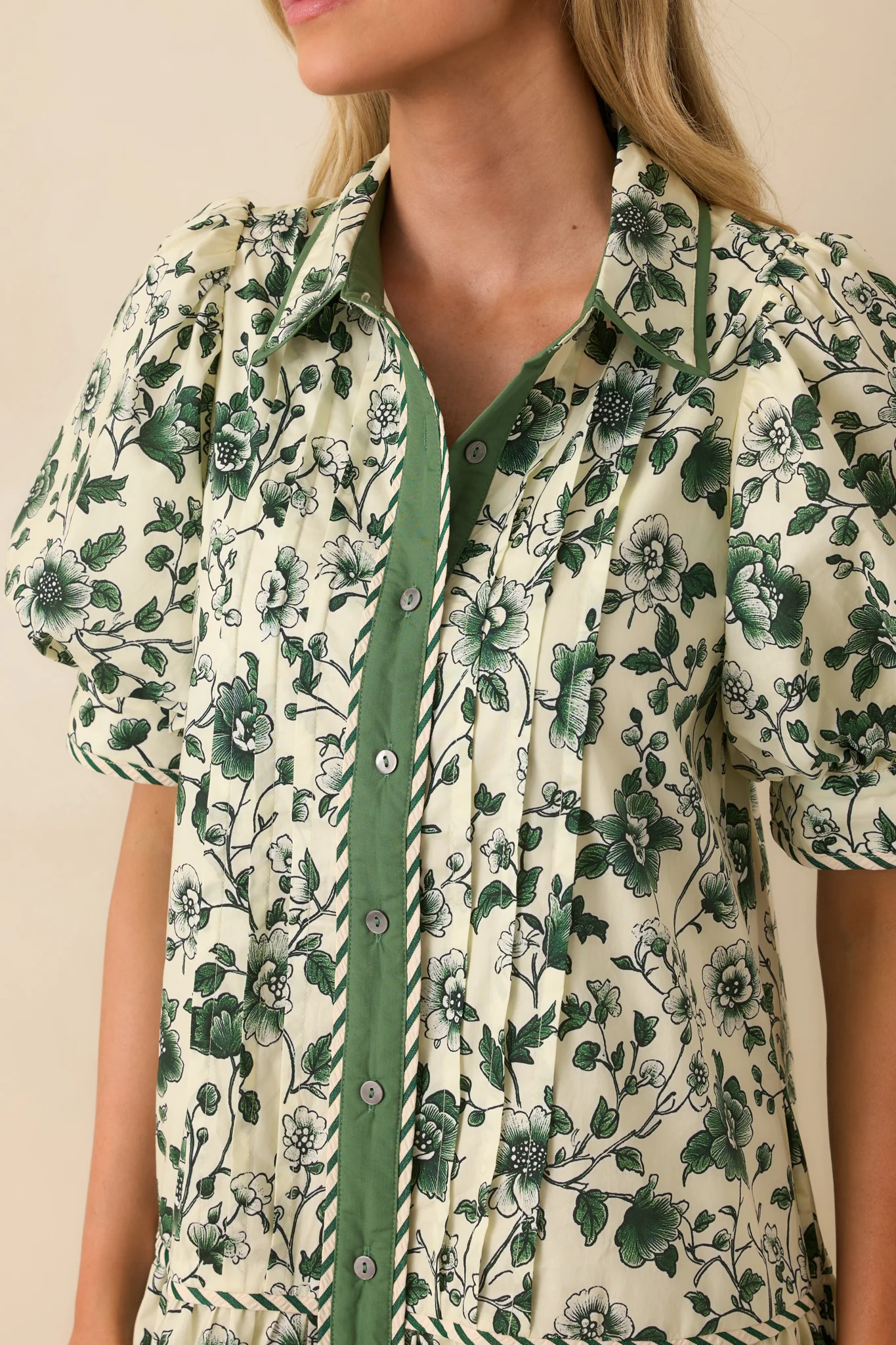 As It Happens Green Floral Print Cotton Puff Sleeve Mini Dress