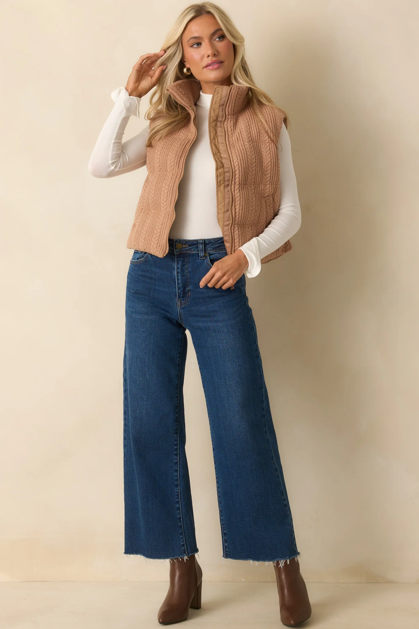 Thread & Supply Stormi Camel Brown Cable Knit Puffer Vest