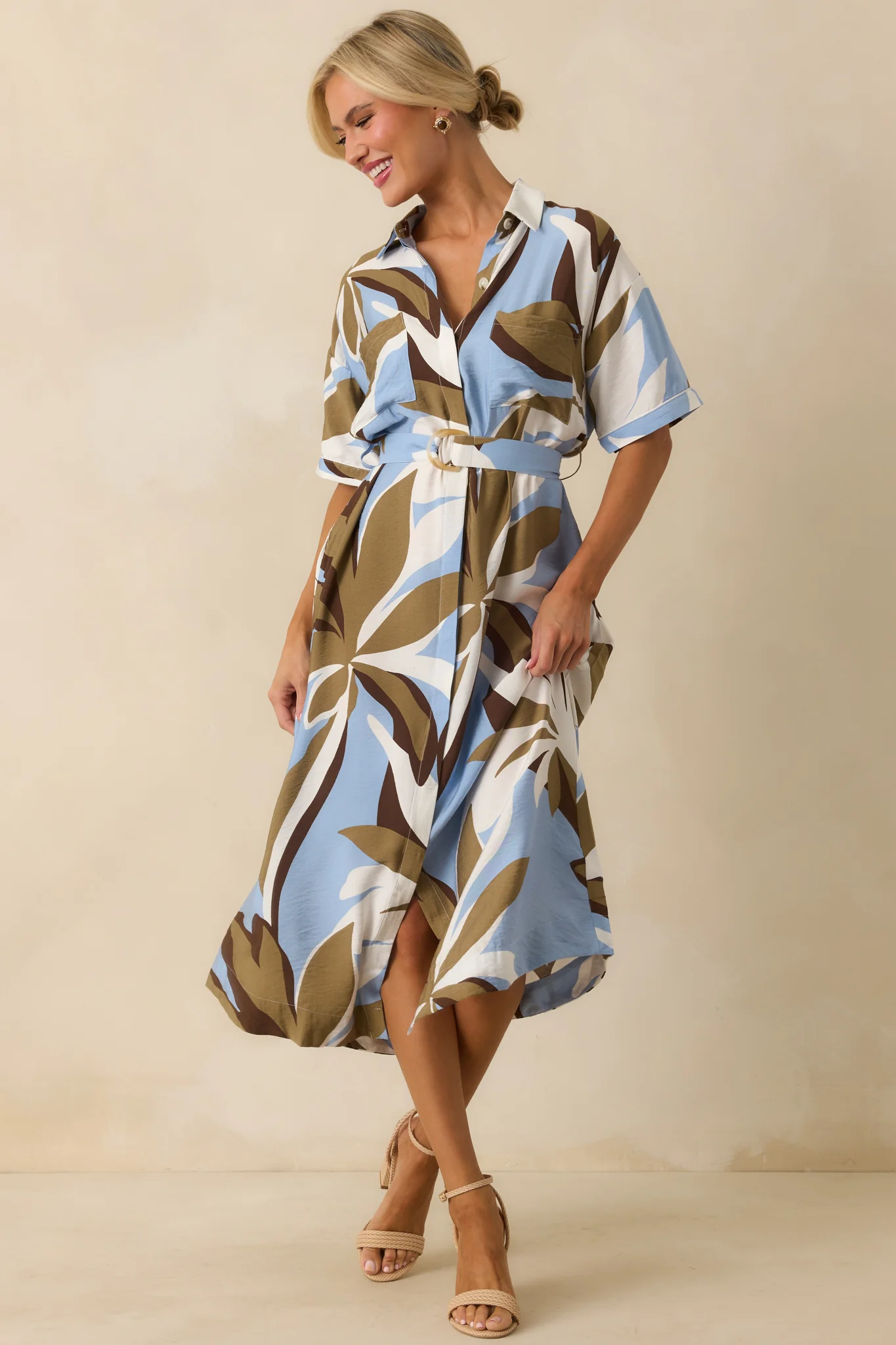 Staple The Label Blue Abstract Floral Print Maeve Midi Shirt Dress