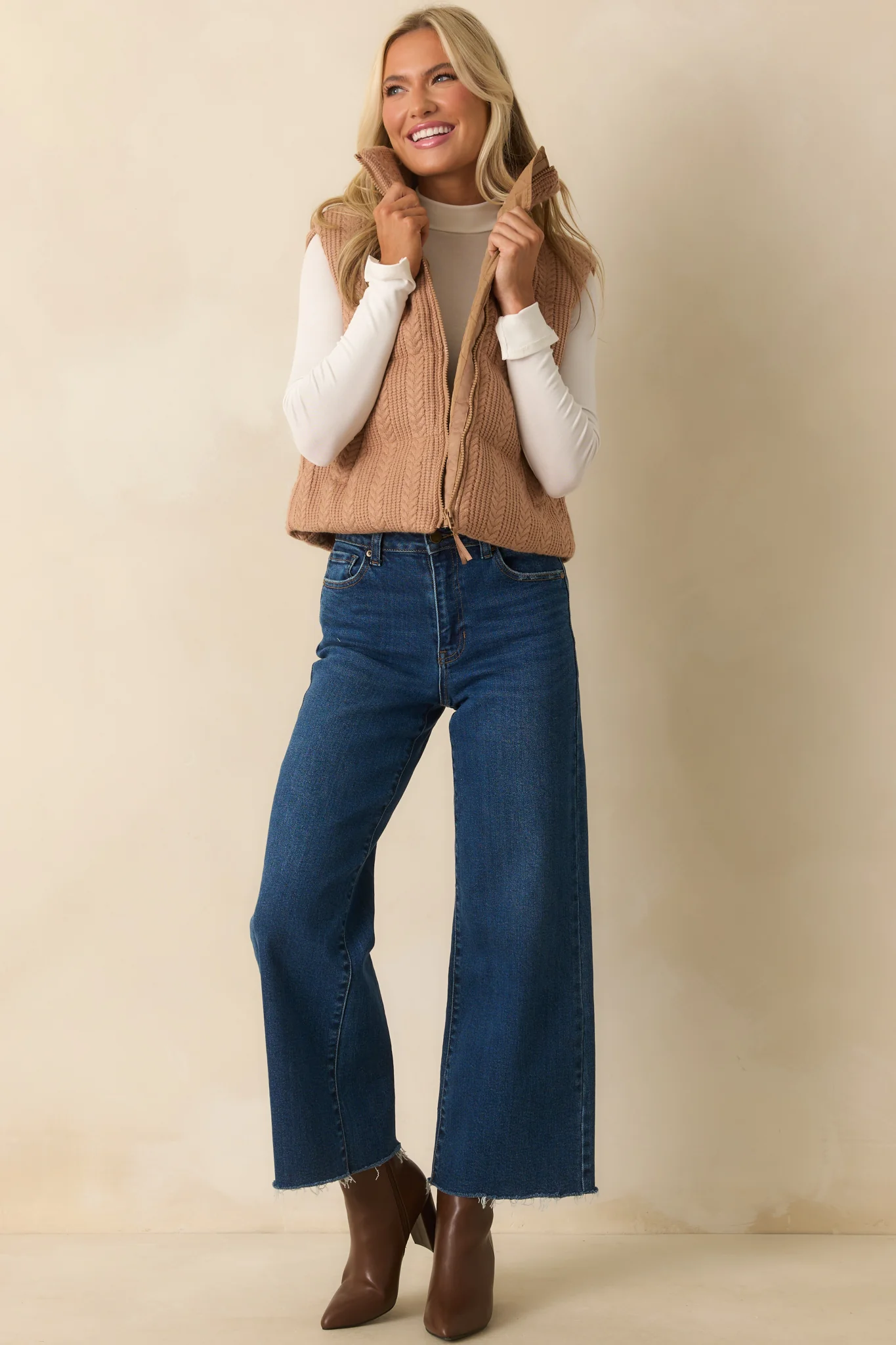 Thread & Supply Stormi Camel Brown Cable Knit Puffer Vest