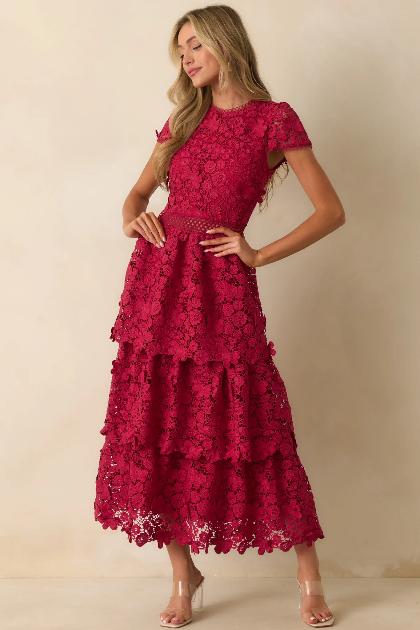 A Matter Of Time Red Floral Guipure Lace Tiered Maxi Dress
