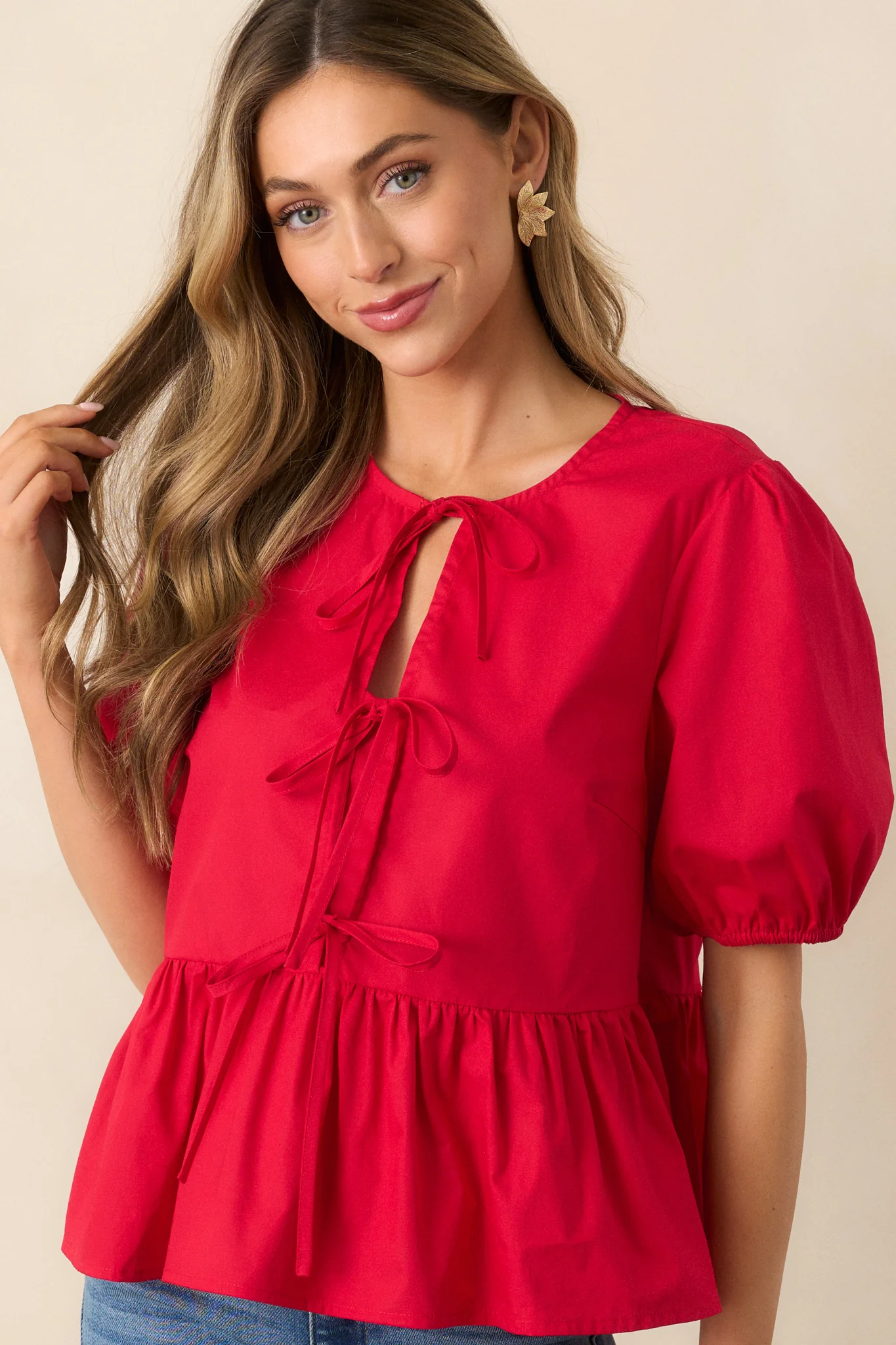 Something Special Red Cotton Bow Front Puff Sleeve Top