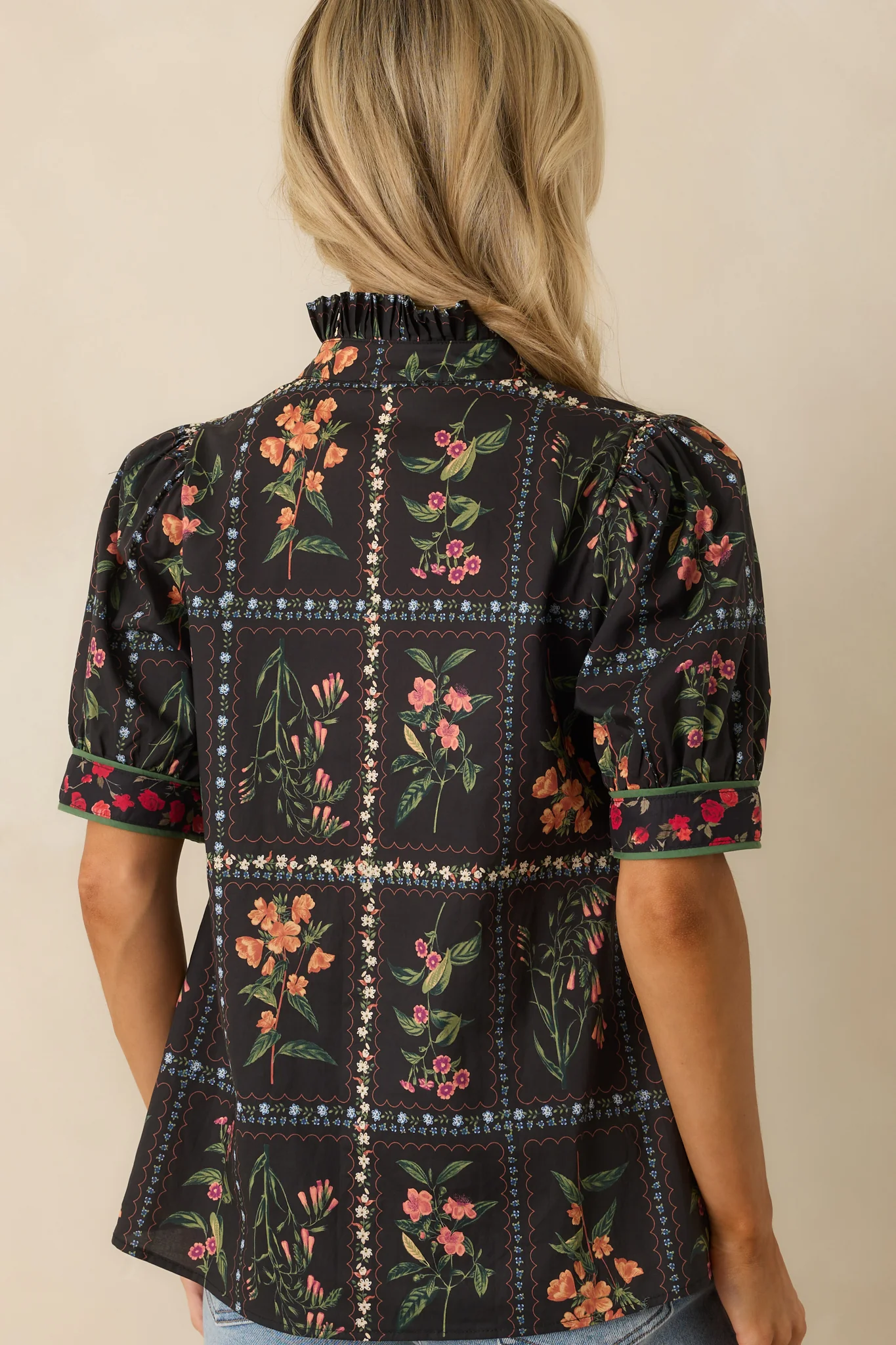 Full Of Light Black Multi Floral Print Cotton Button Up Top