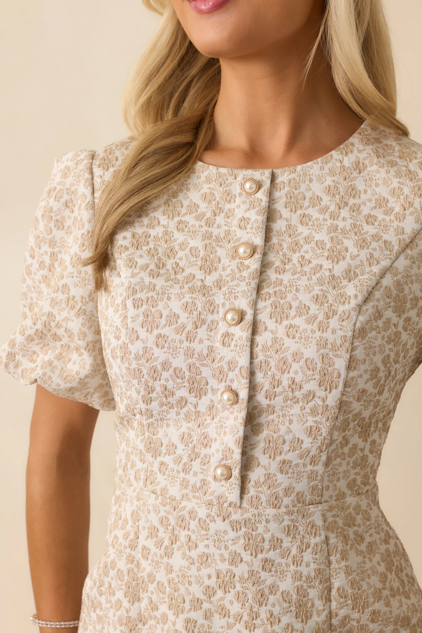 First Impression Beige Floral Jacquard Puff Sleeve Mini Dress