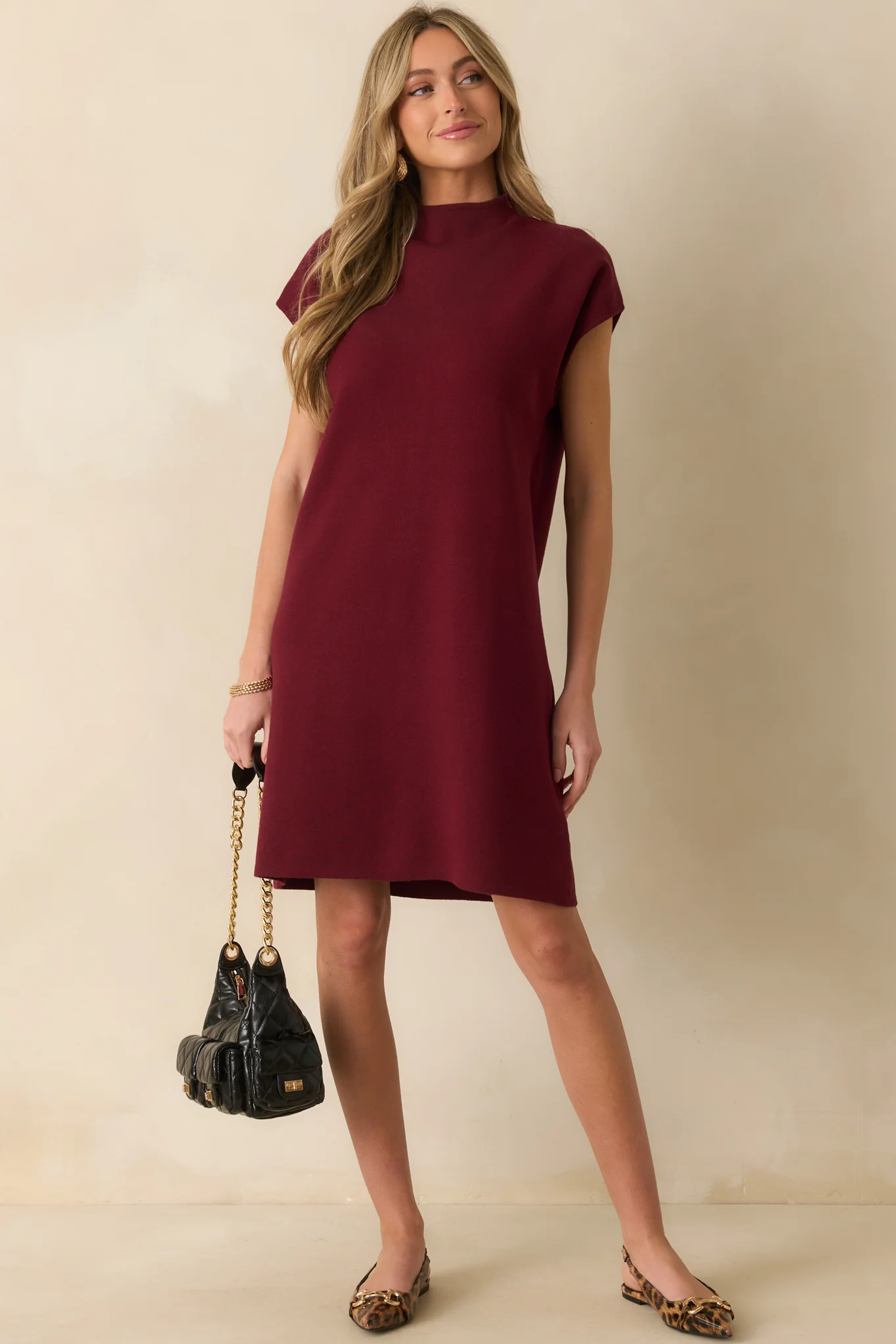 Burgundy Knit Mock Neck Mini Dress