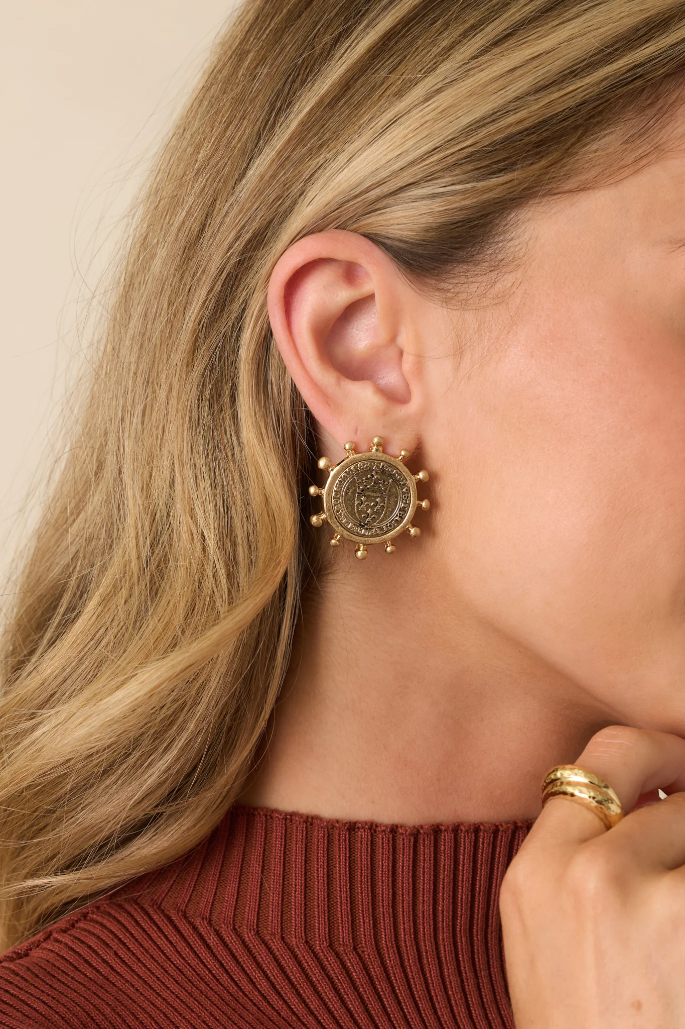 Antique Gold Coin Embossed Medallion Earrings
