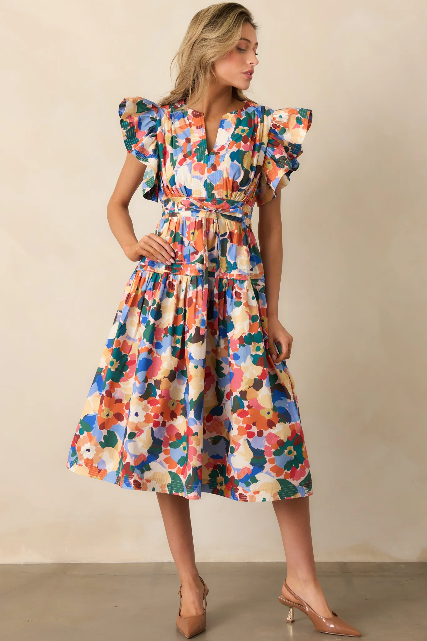 Prosperina Astor Orange Multi Floral Print Cotton Midi Dress