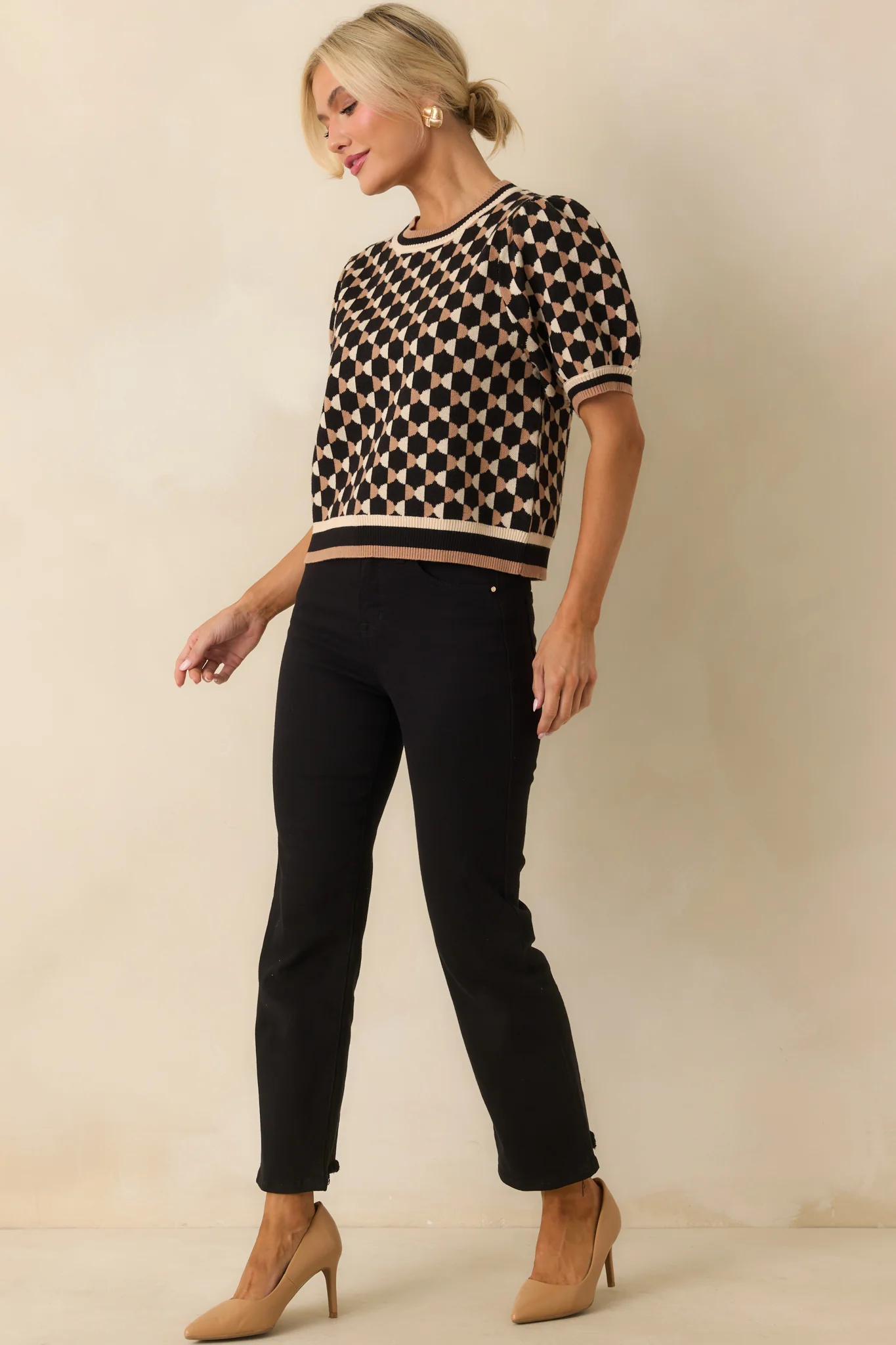 All Comes Together Black Multi Geometric Print Puff Sleeve Knit Top