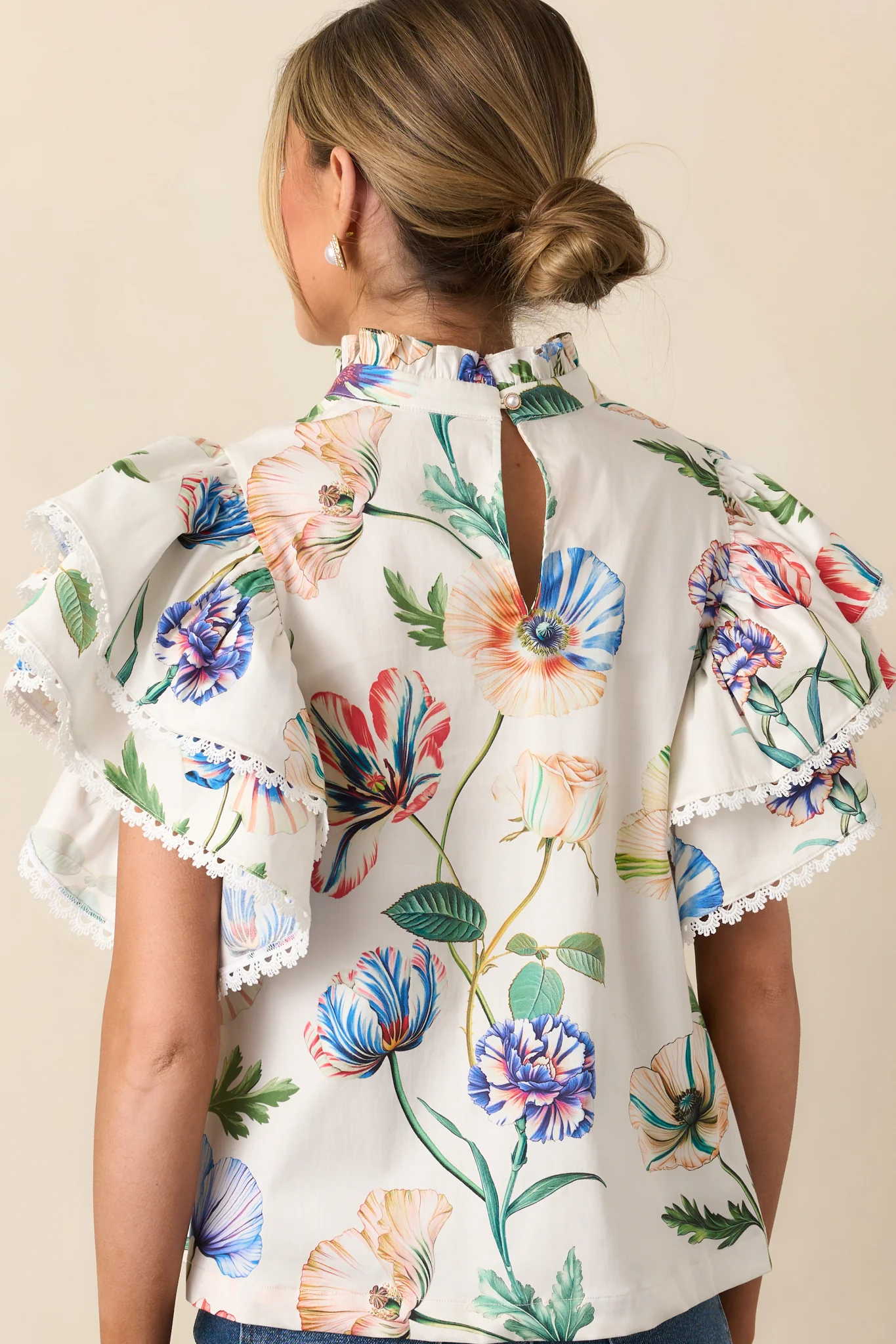 Prosperina Blair Ivory Multi Floral Print Cotton Ruffle Top