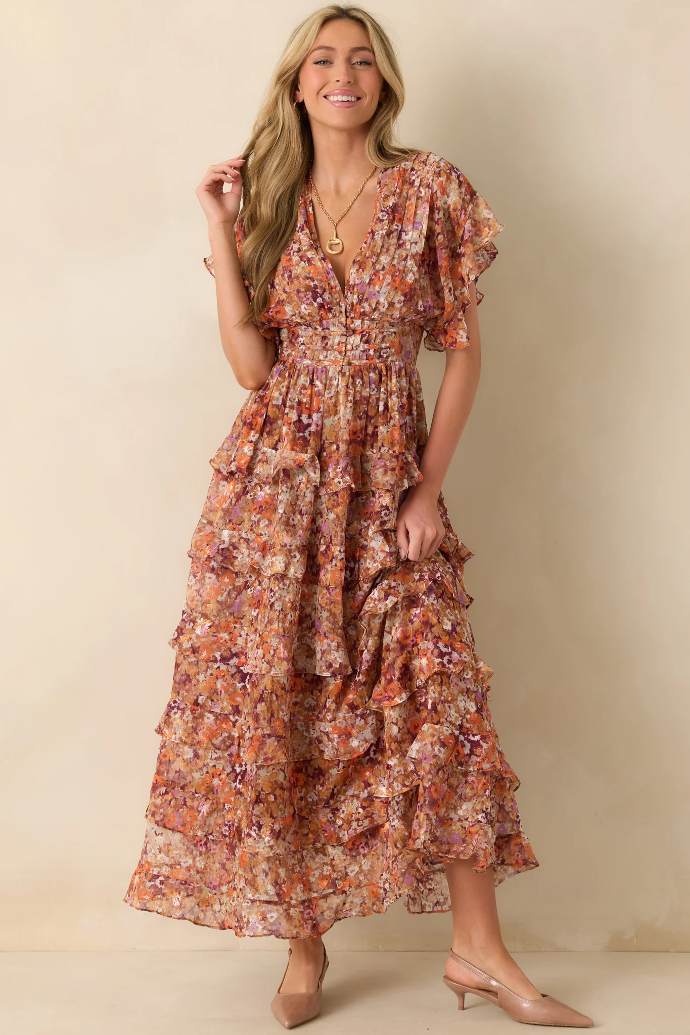 Room To Bloom Terracotta Multi Floral Print Ruffle Maxi Dress