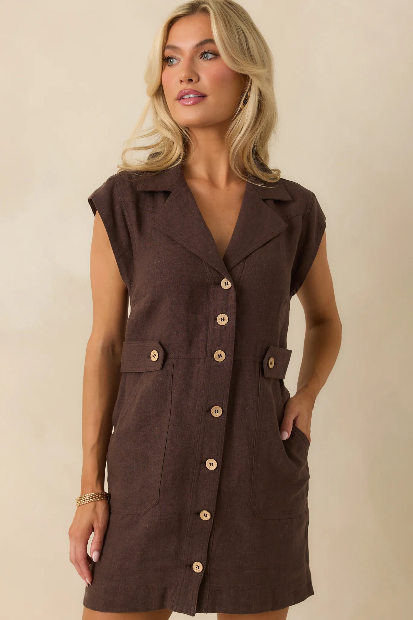 Never A Bad Day Dark Brown Linen Button Front Mini Dress