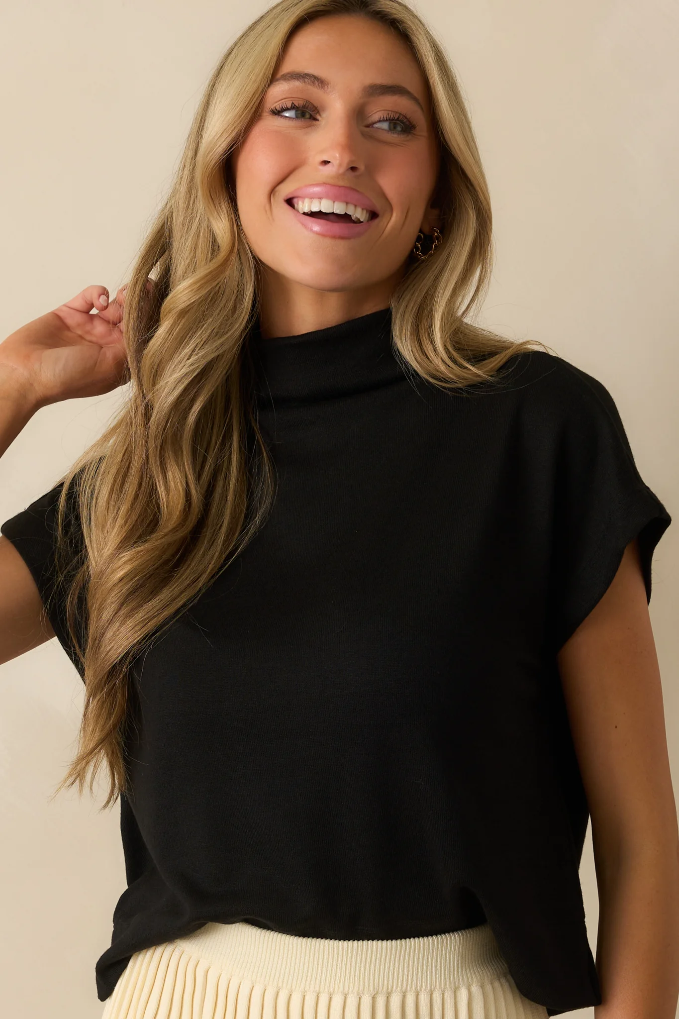 Plans Are Made Black Relaxed Mock Neck Cap Sleeve Top