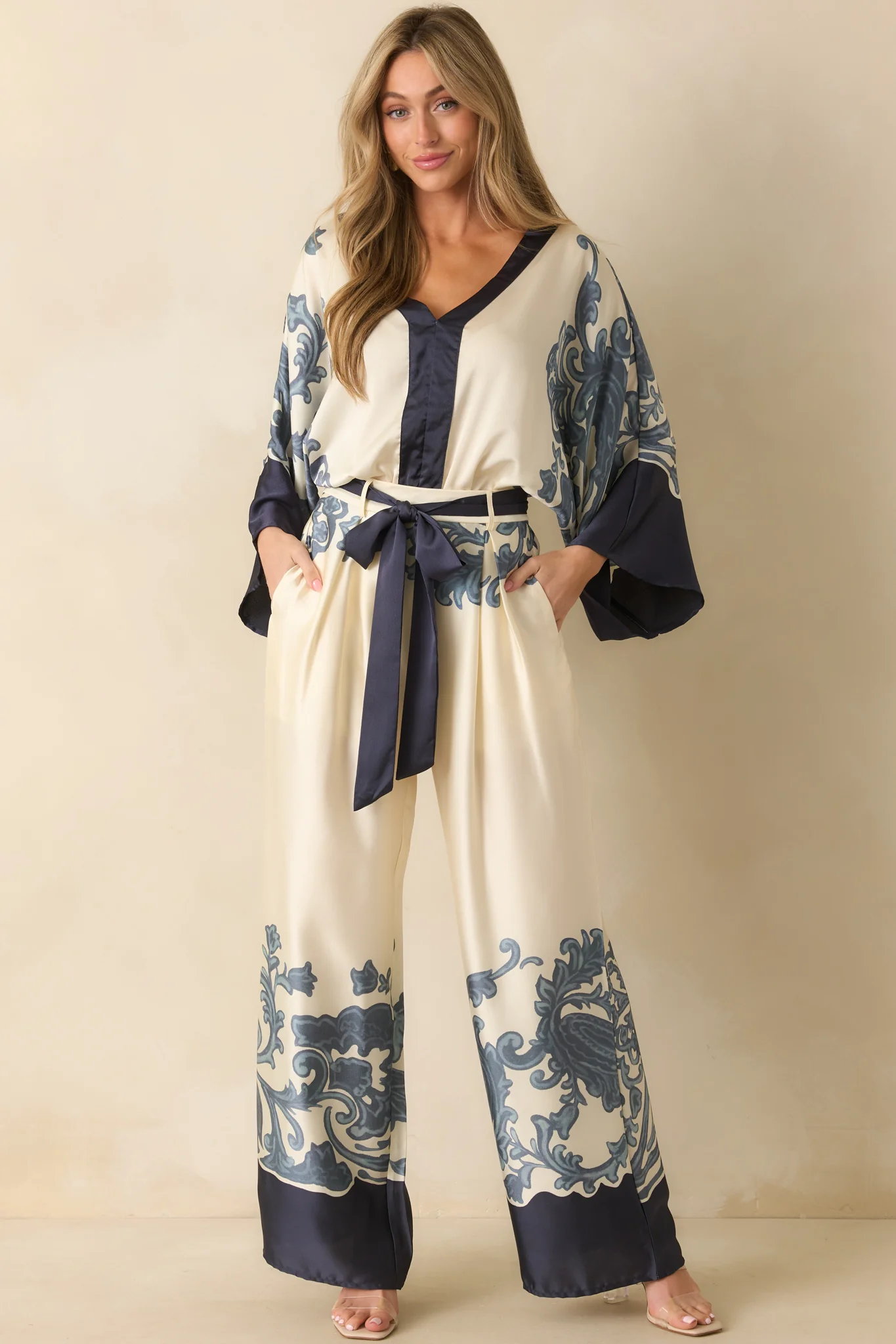 Navy Multi Print Belted Wide Leg Pants