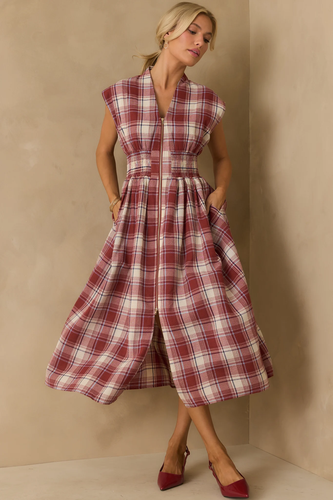 The Evette Red Tartan Plaid Cotton Zip Front Midi Dress