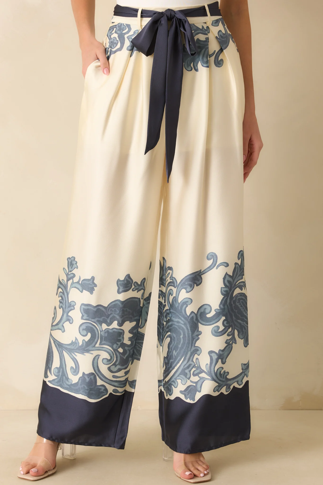 Navy Multi Print Belted Wide Leg Pants