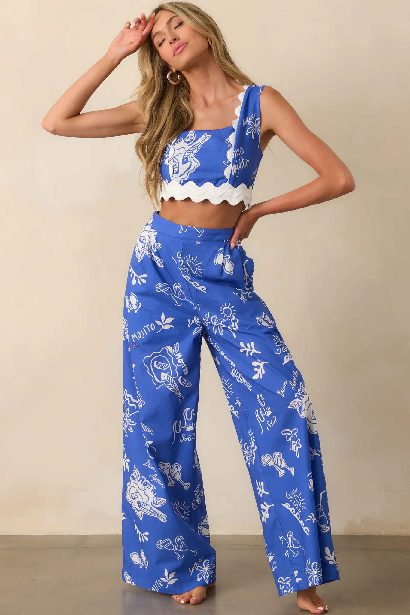 Prosperina Mia Royal Blue Mojito Print Scallop Crop Top