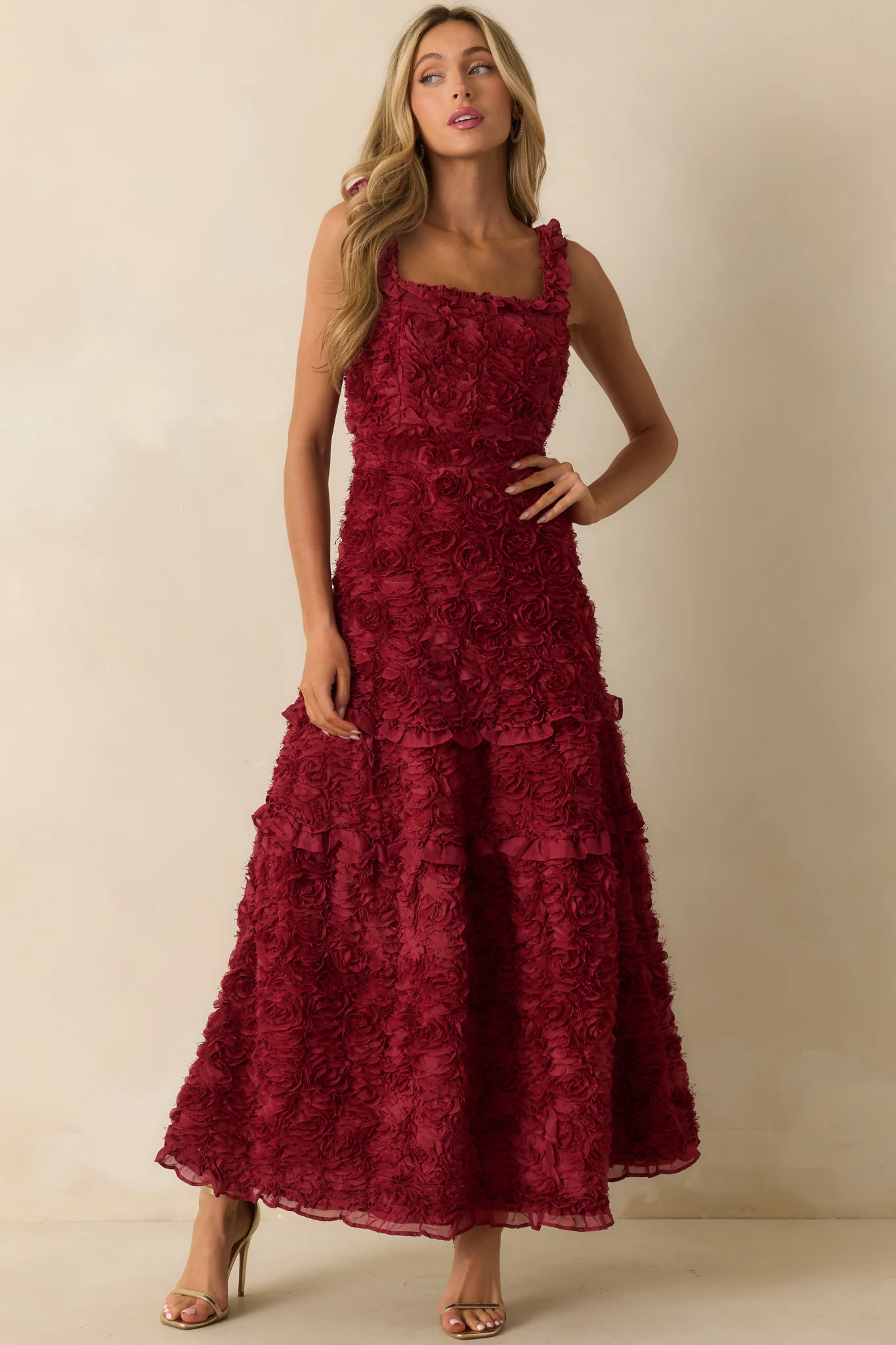 Wine Red Floral Applique Maxi Dress
