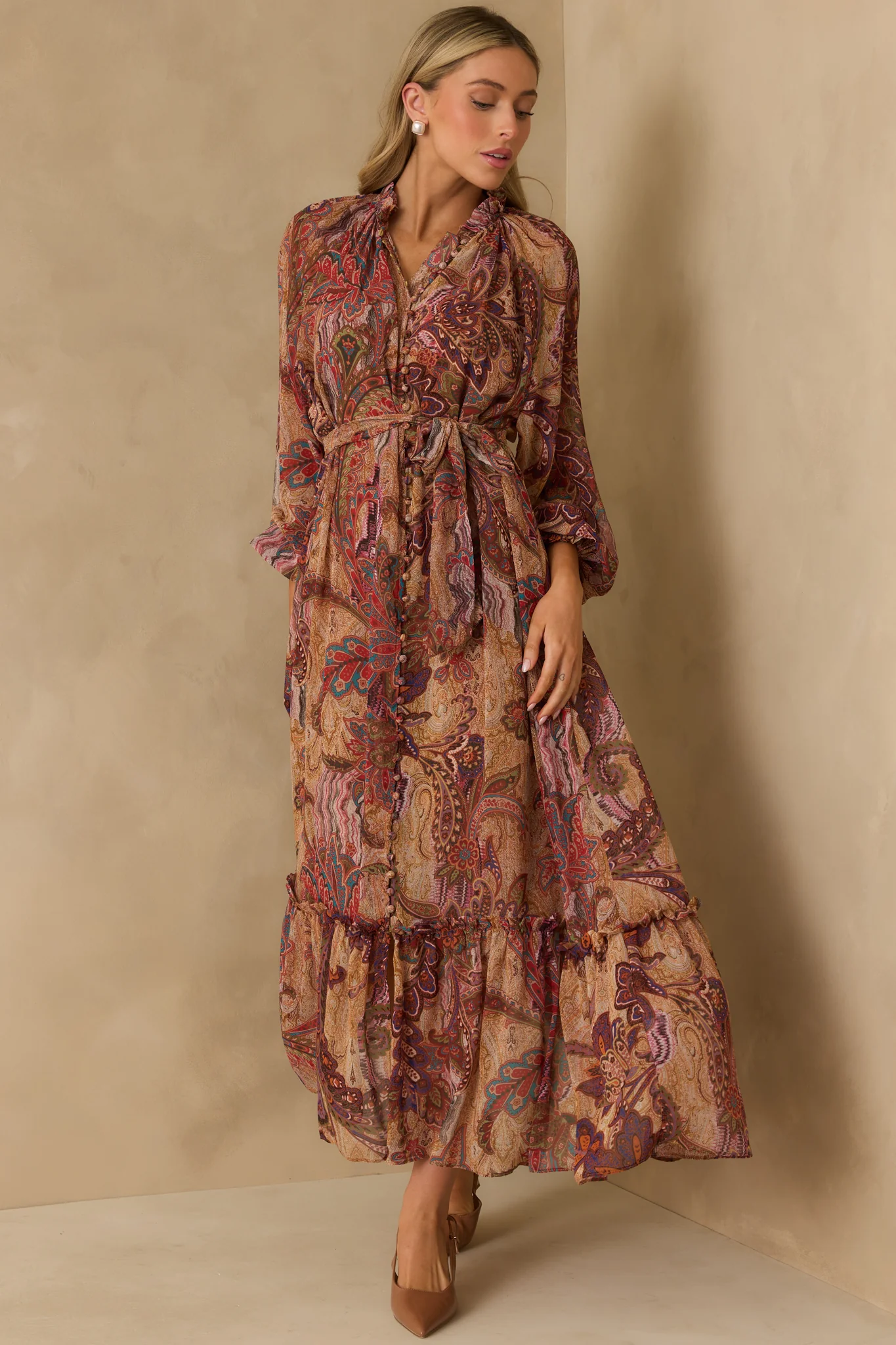 Point Taken Burgundy Multi Paisley Print Chiffon Maxi Dress