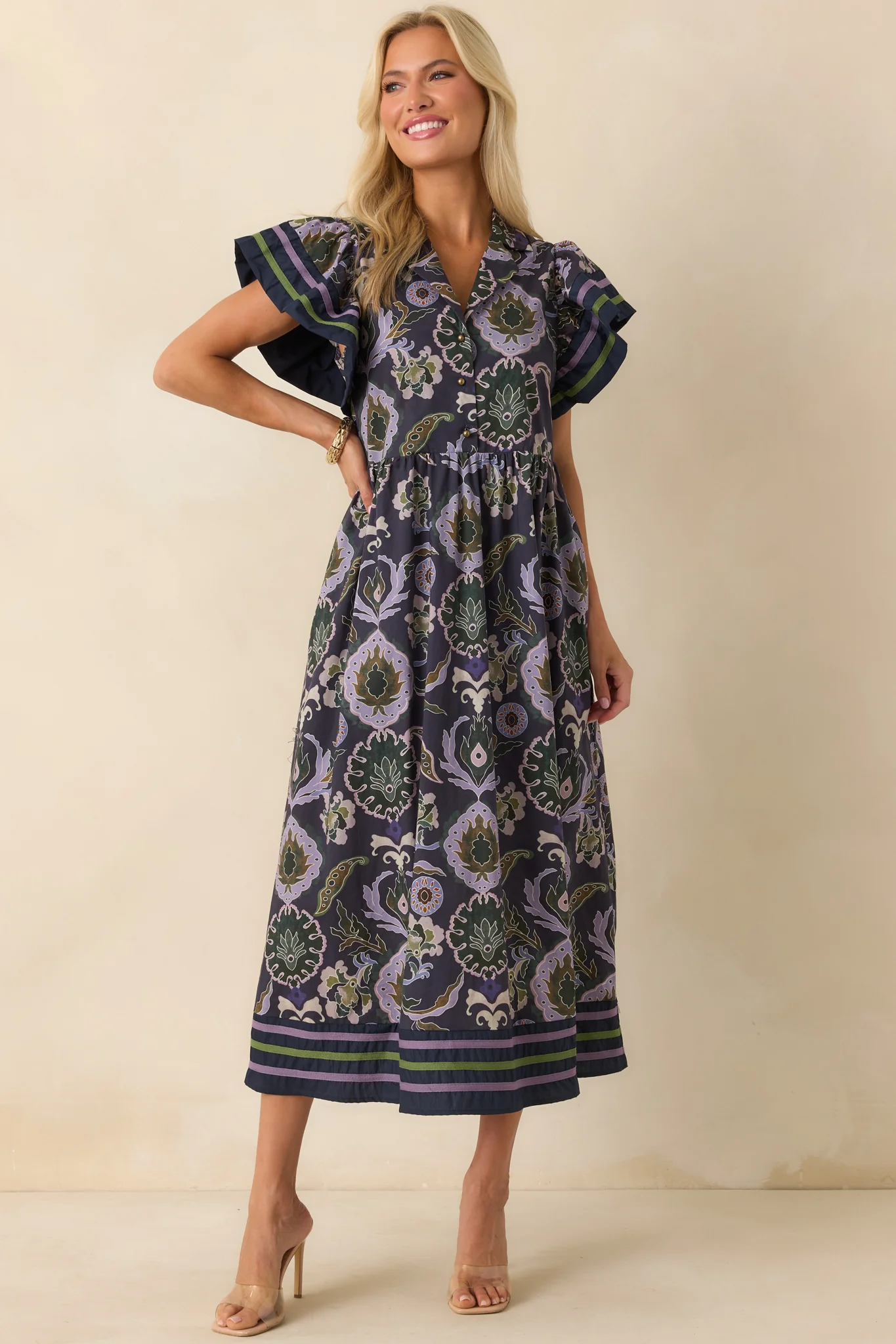 Still Thinking About Her Navy Multi Print Cotton Midi Dress