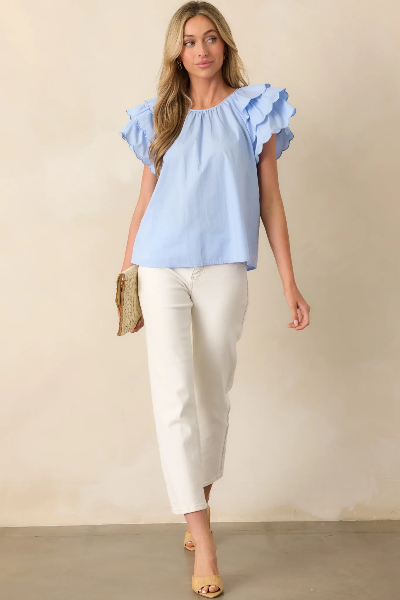 Bianca Blue Fog Cotton Embroidered Scallop Top