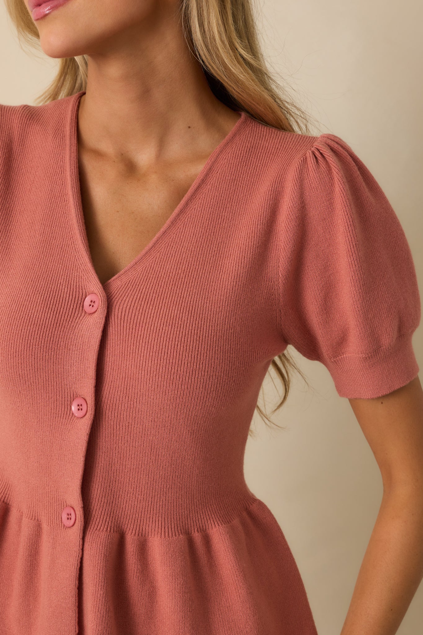 Keeping A Promise Rose Pink Knit Button Up Peplum Top