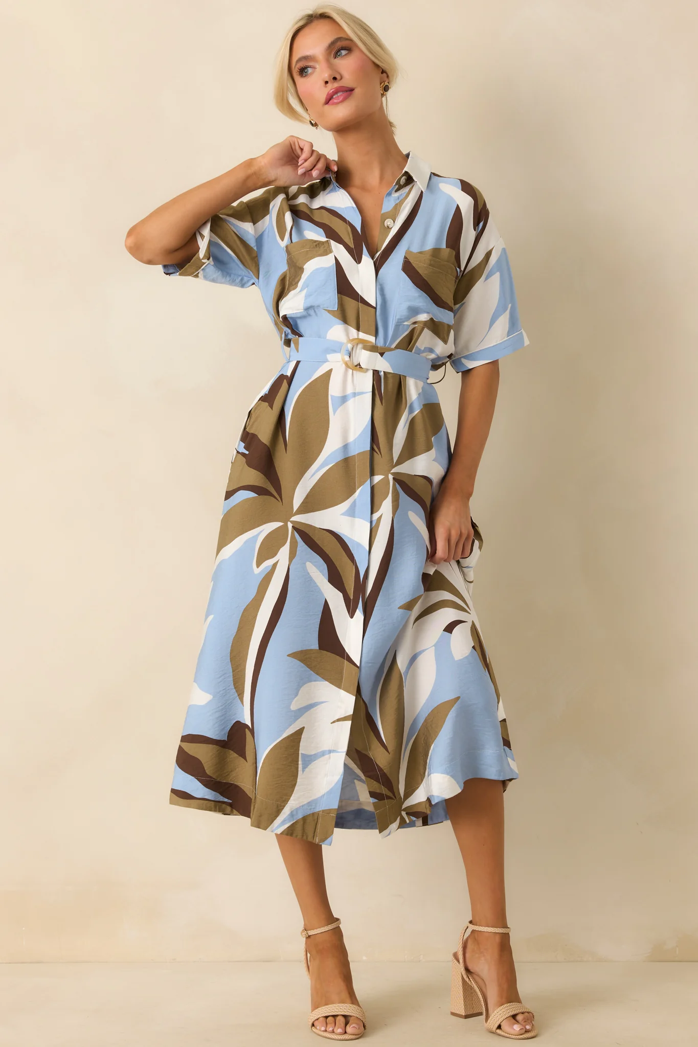 Staple The Label Blue Abstract Floral Print Maeve Midi Shirt Dress