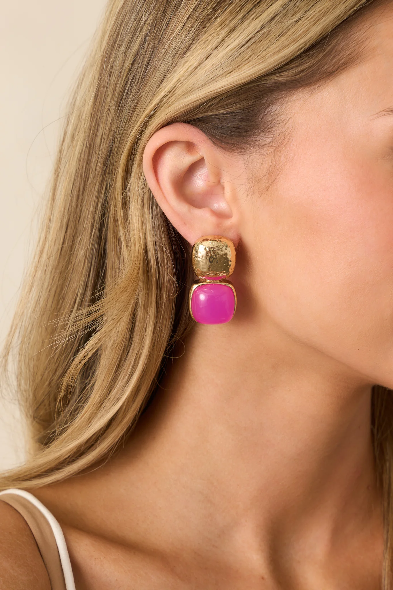 Blissful Days Pink Stone Gold Textured Drop Earrings