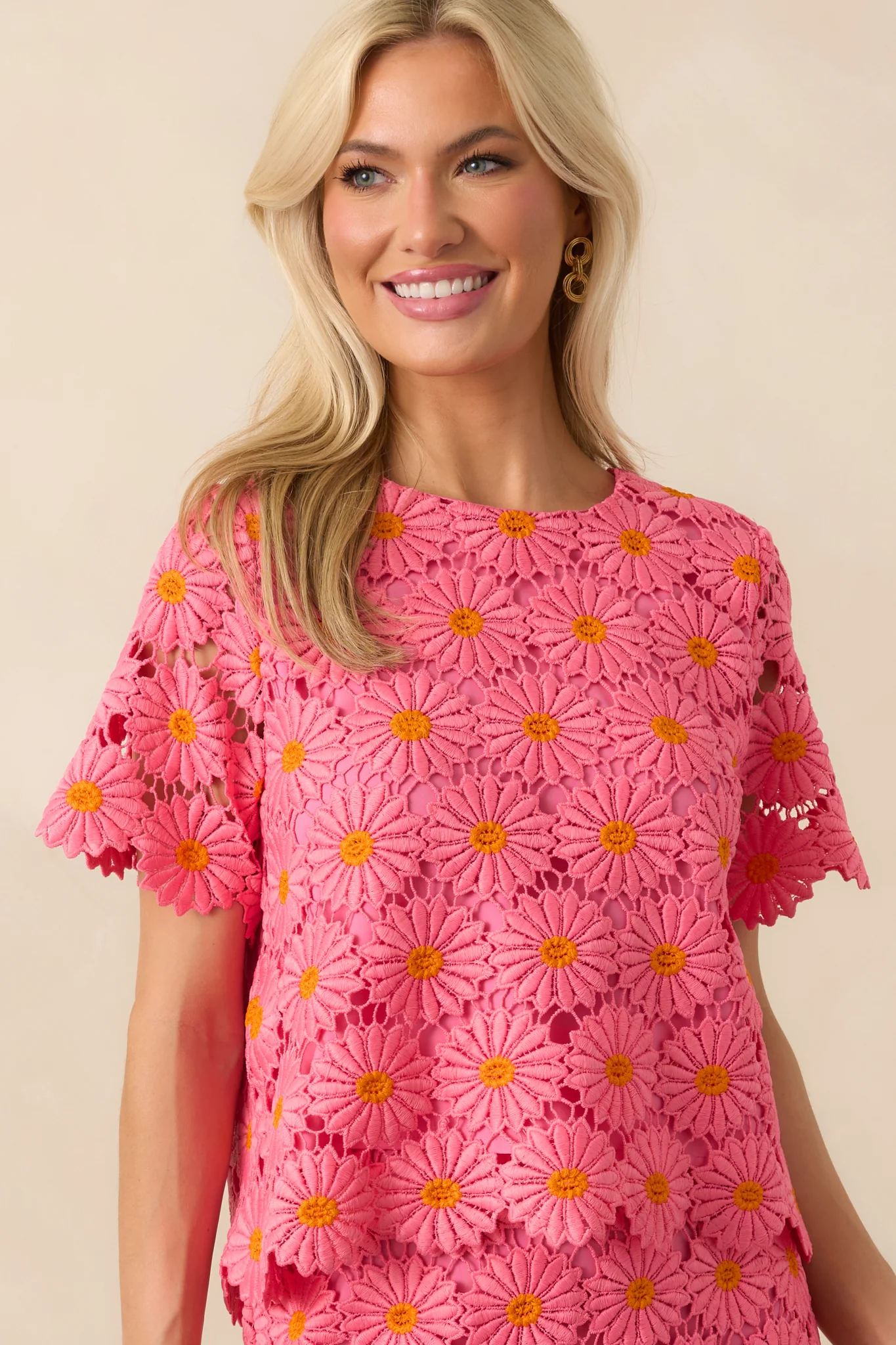 Reading My Mind Hot Pink Floral Embroidered Lace Bow Back Top