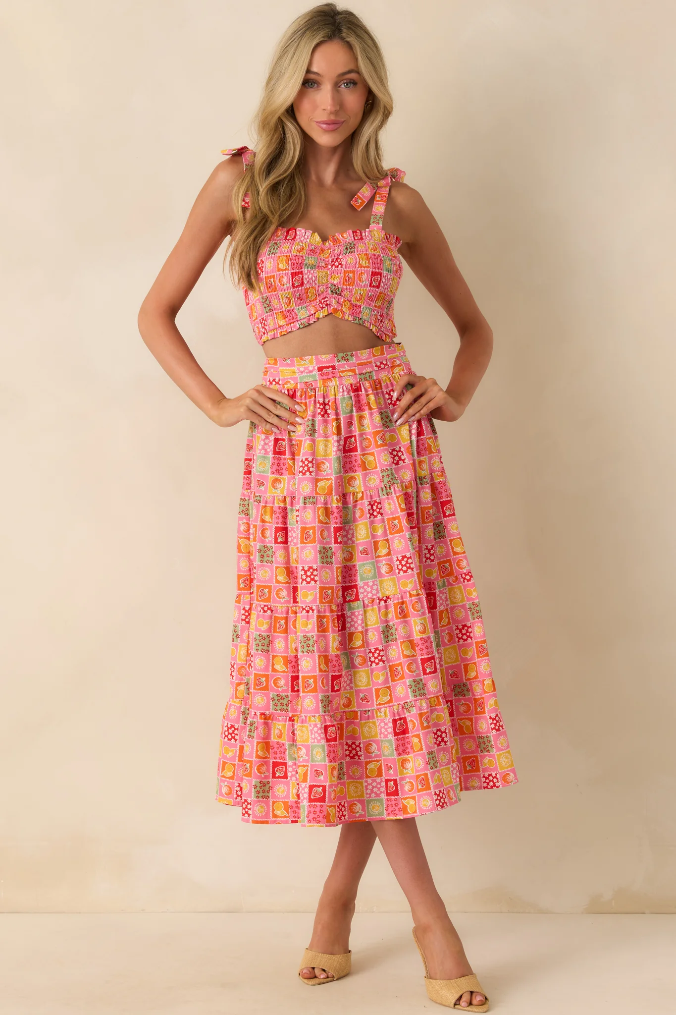 Shore Thing Pink Multi Patchwork Print Smocked Crop Top