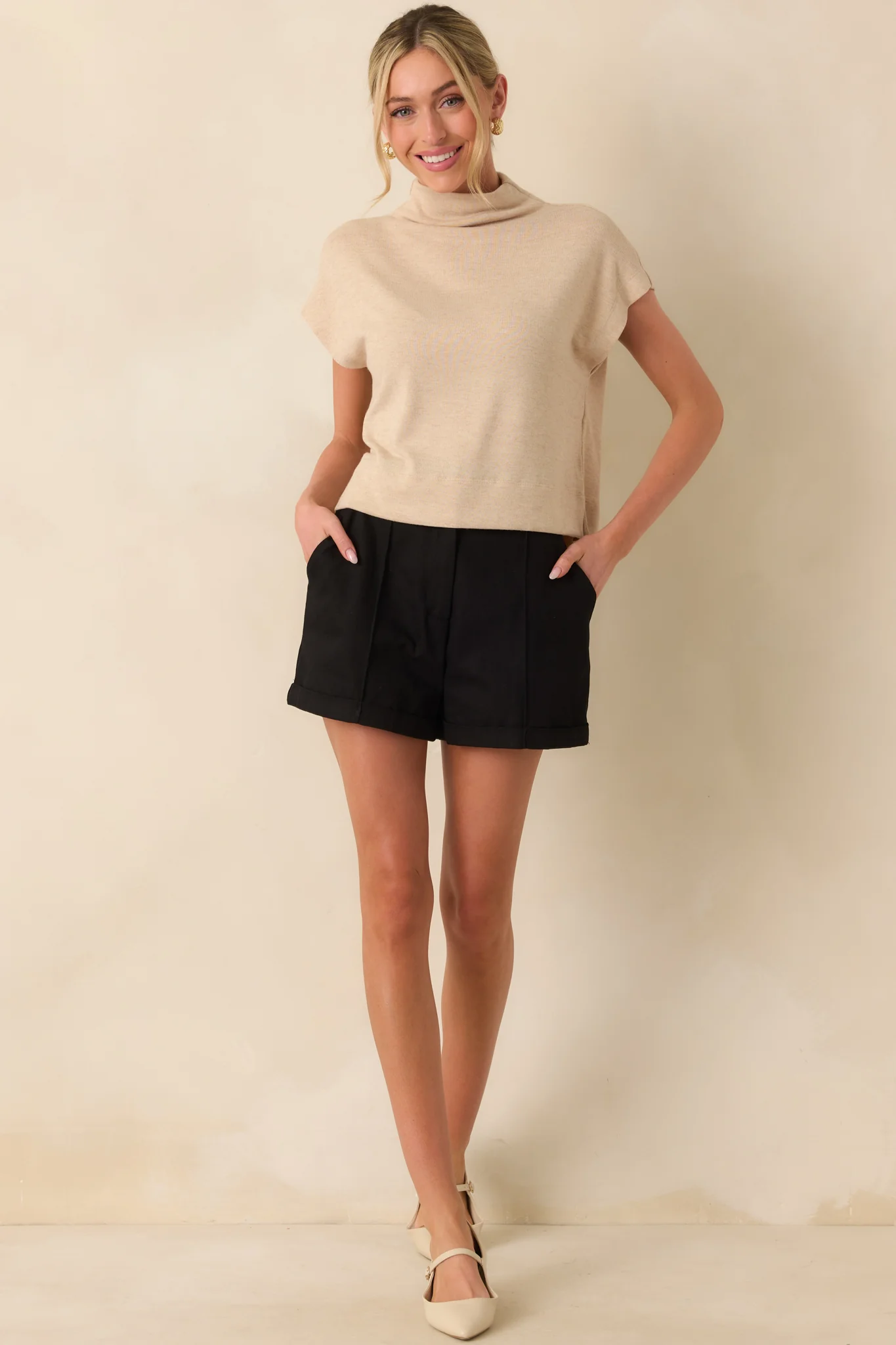 Plans Are Made Oatmeal Beige Relaxed Mock Neck Cap Sleeve Top