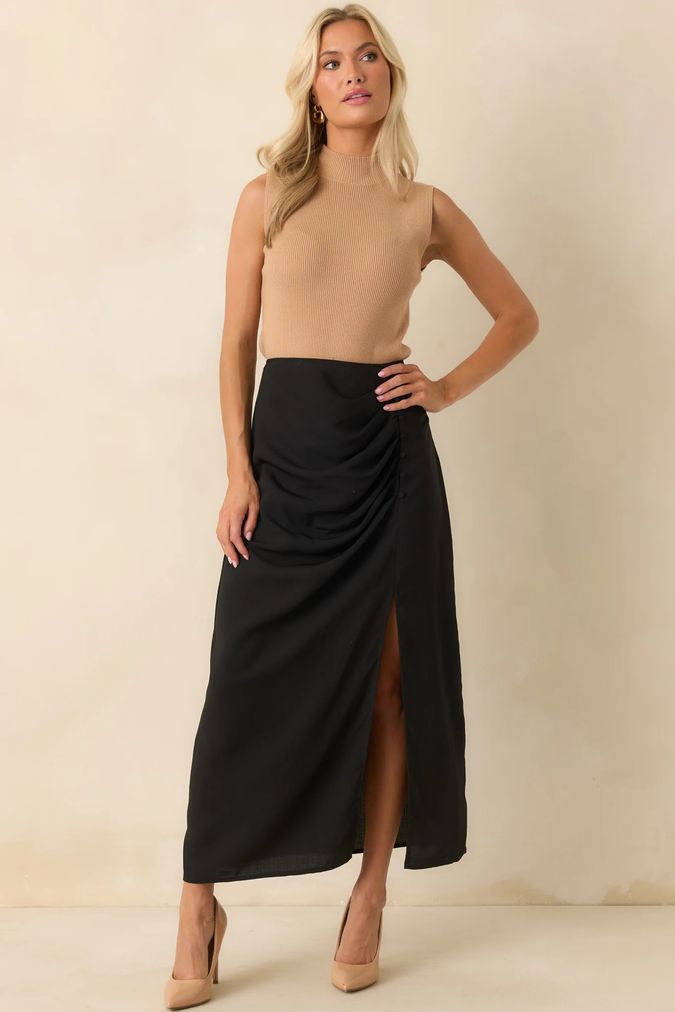 Camel Ribbed Mock Neck Tank Top