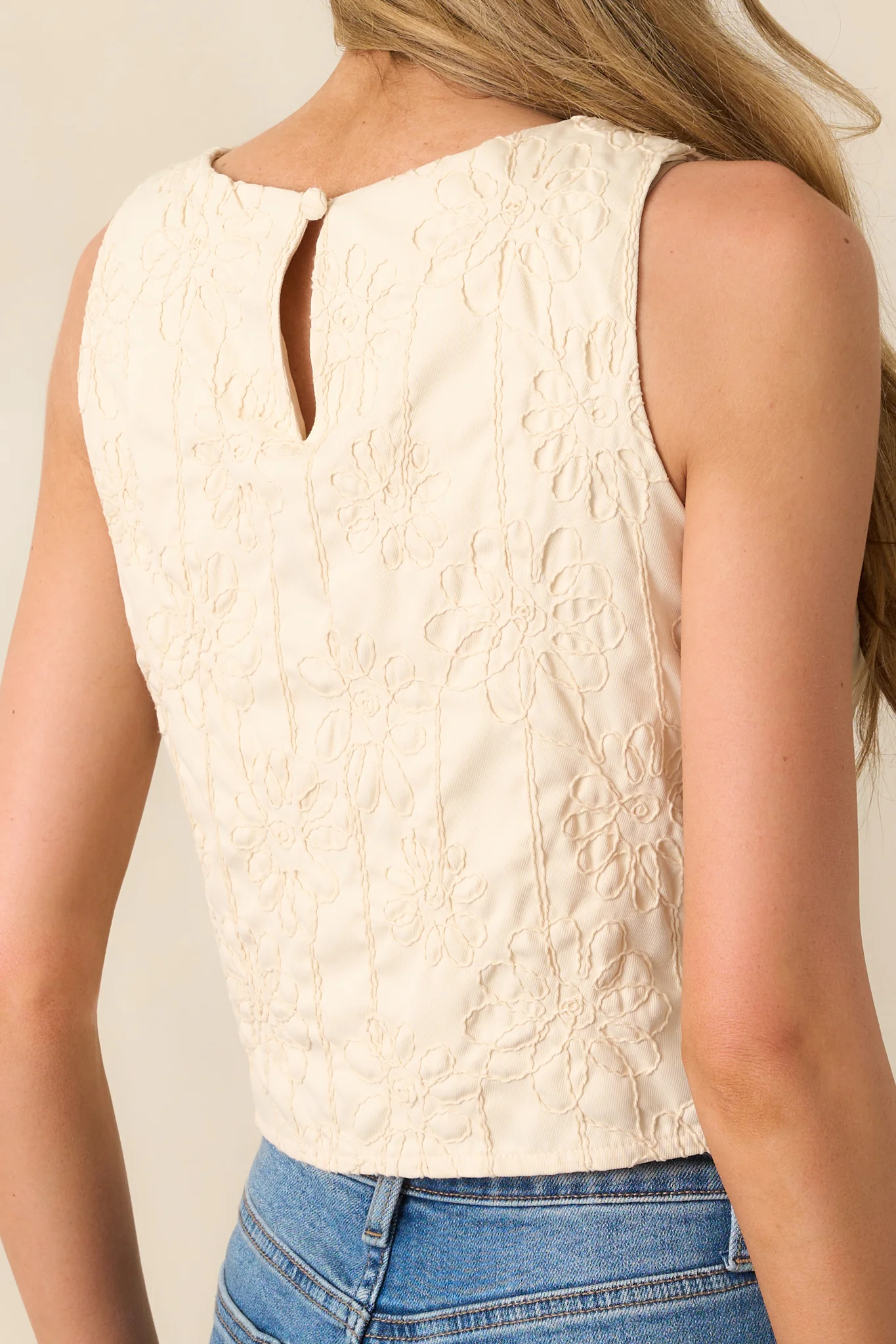 One For The Books Beige Floral Embroidered Top