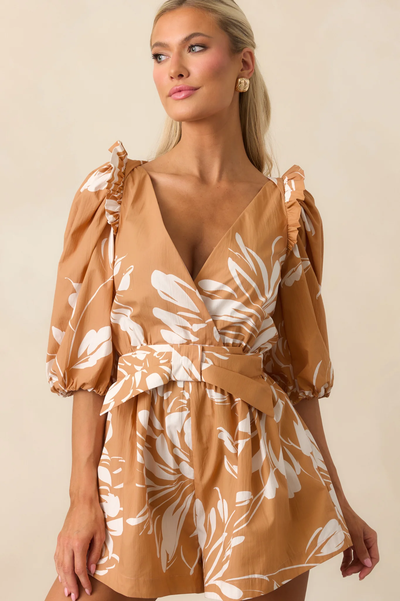 Fawn Brown Multi Floral Print Cotton Romper