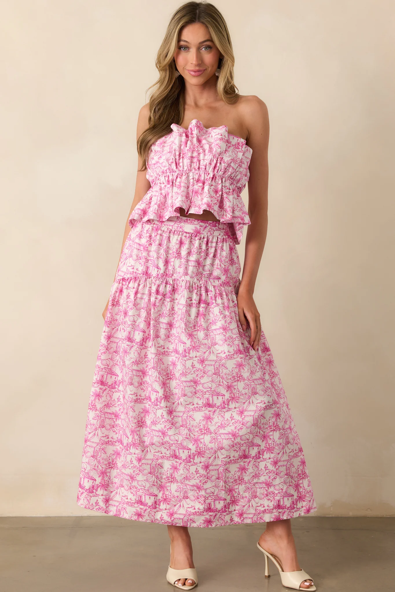 Exactly Right Pink Tropical Toile Print Cotton Strapless Peplum Top