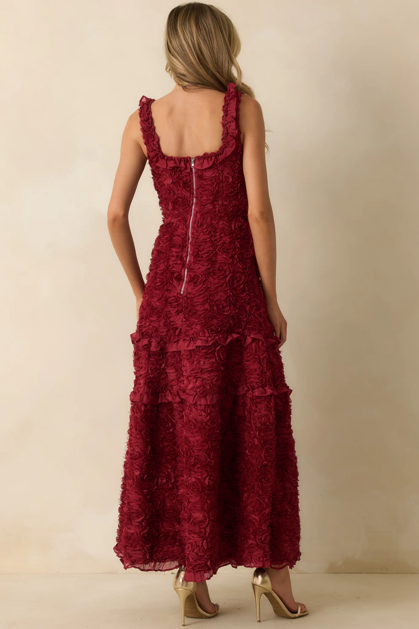 Wine Red Floral Applique Maxi Dress
