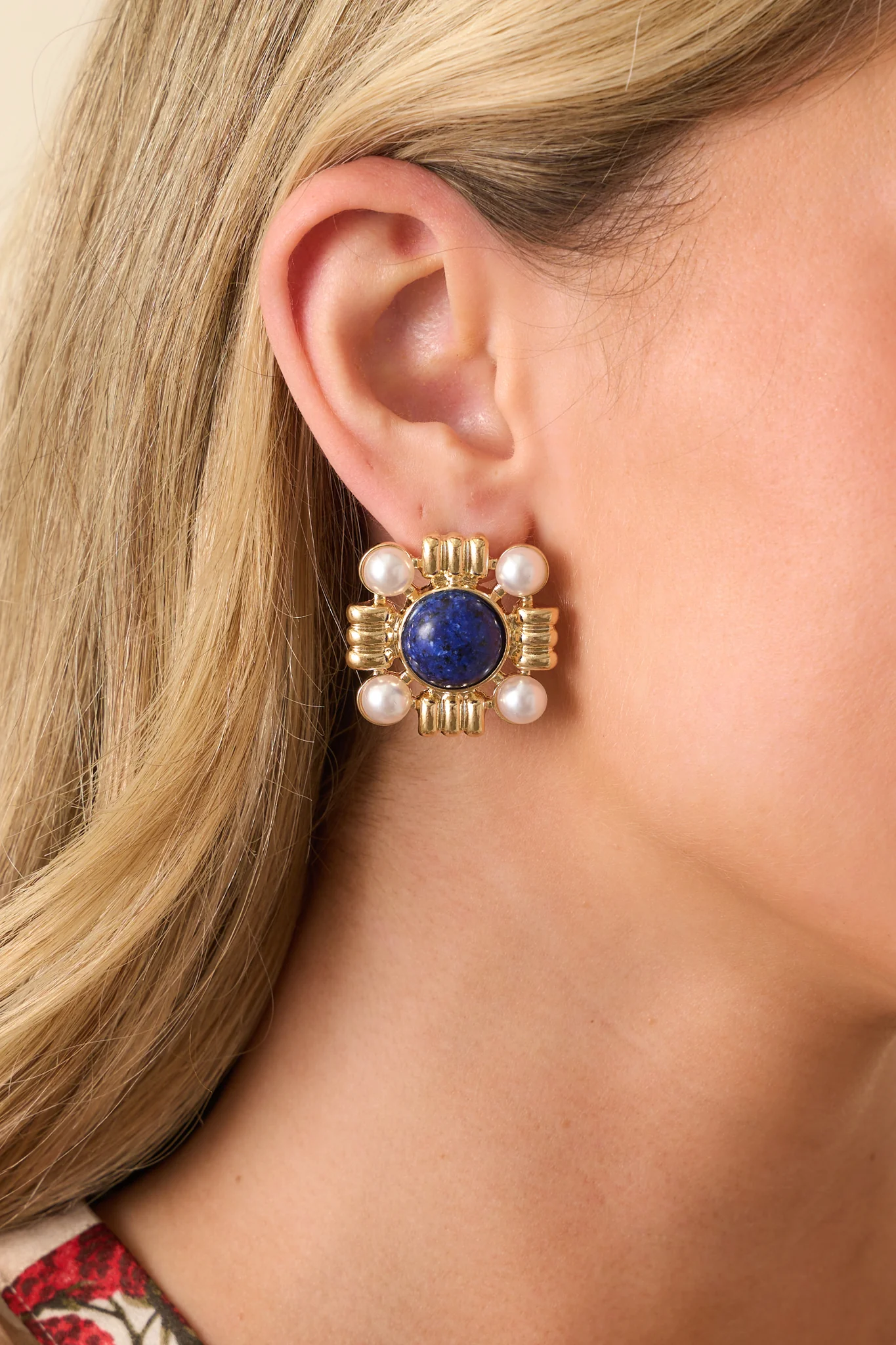 Beyond The Waters Gold Square Navy Stone Earrings