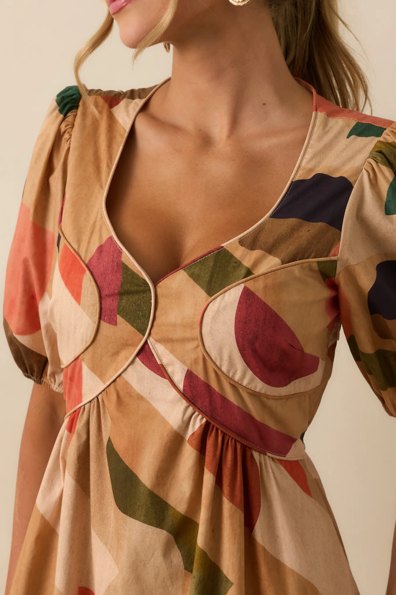 Through The Grapevine Tan Multi Abstract Print Midi Dress