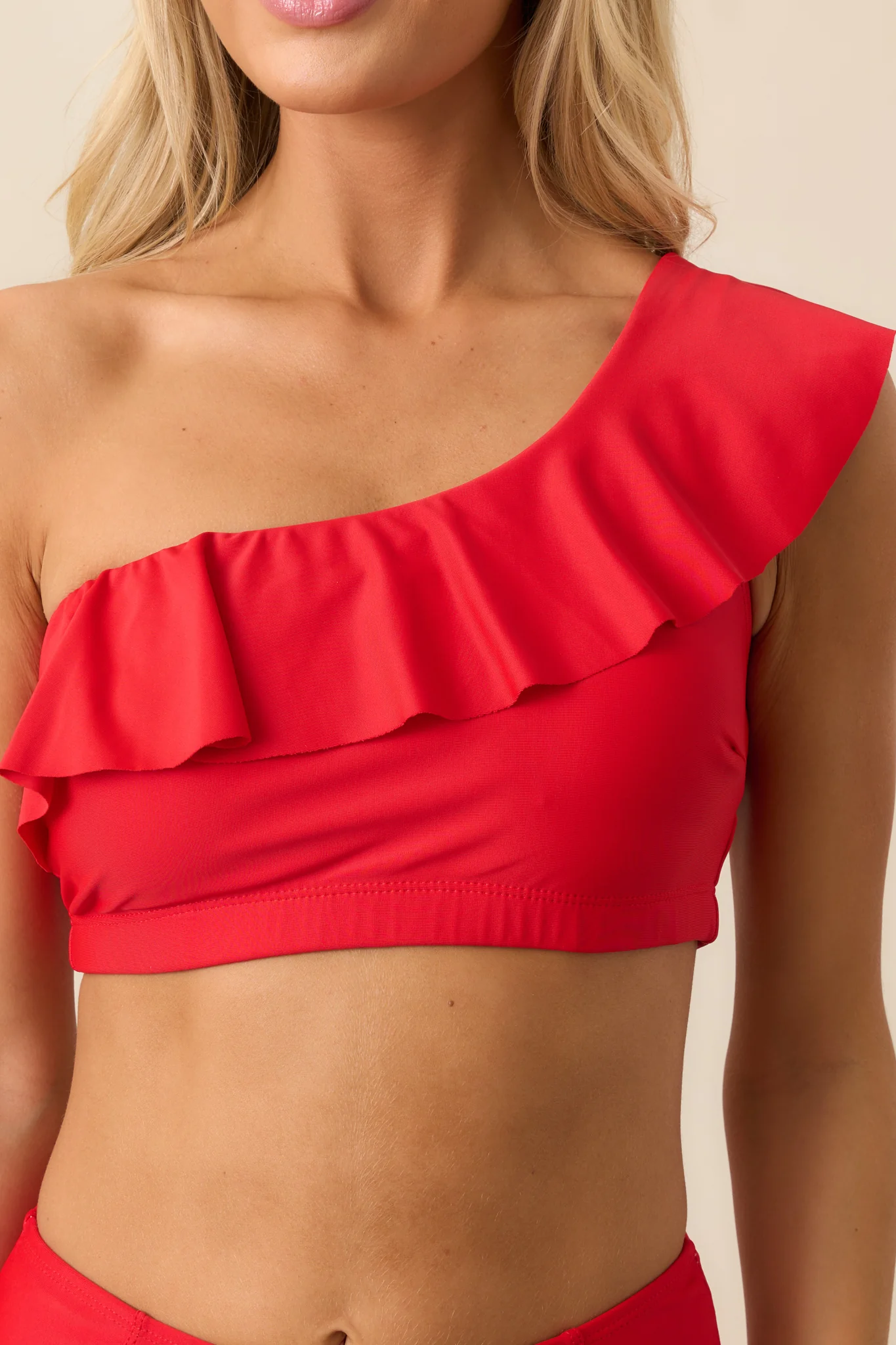 Sea Of Serenity Red One Shoulder Ruffle Bikini Top