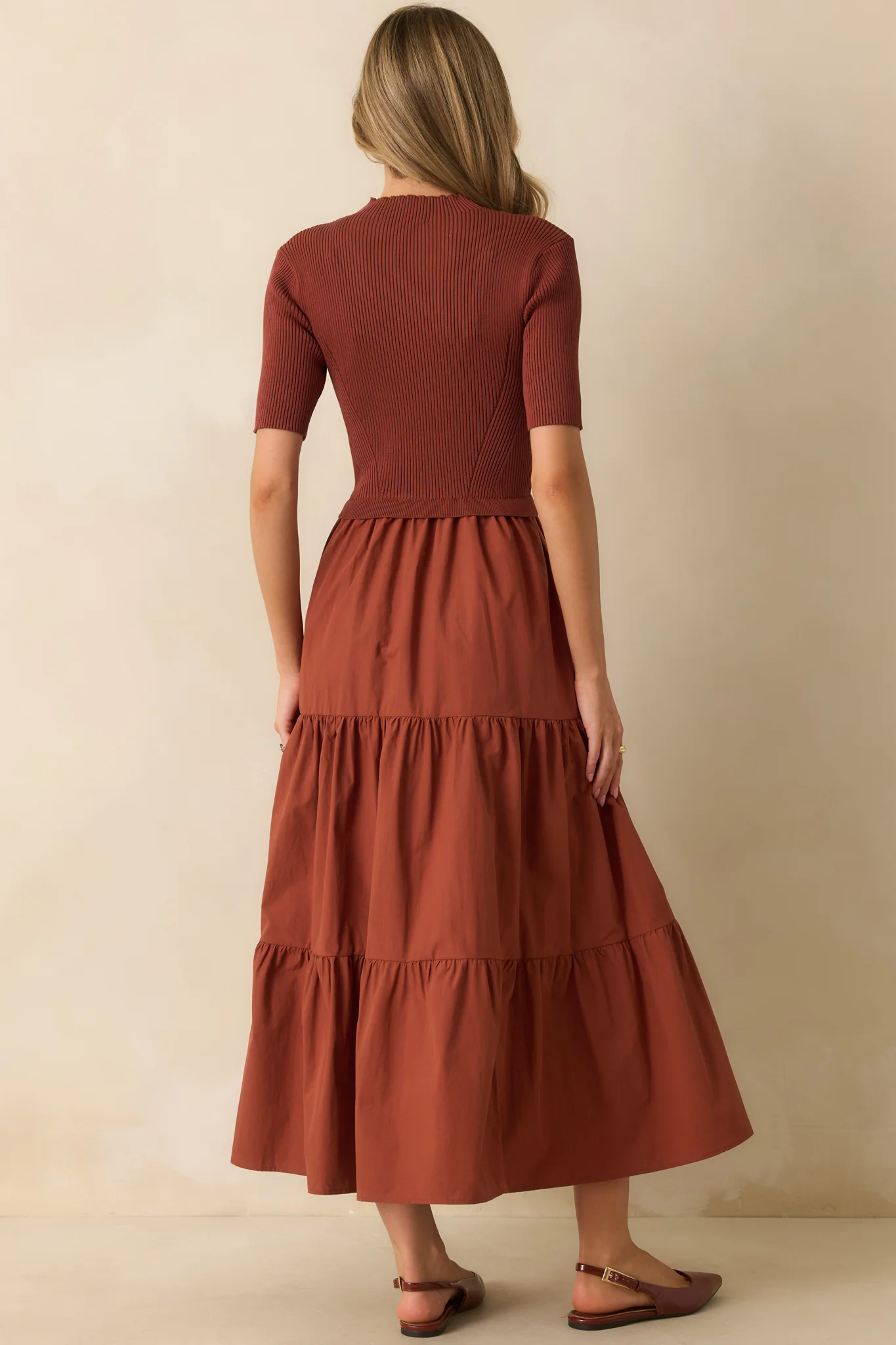 Rust Red Cotton Knit Short Sleeve Maxi Dress